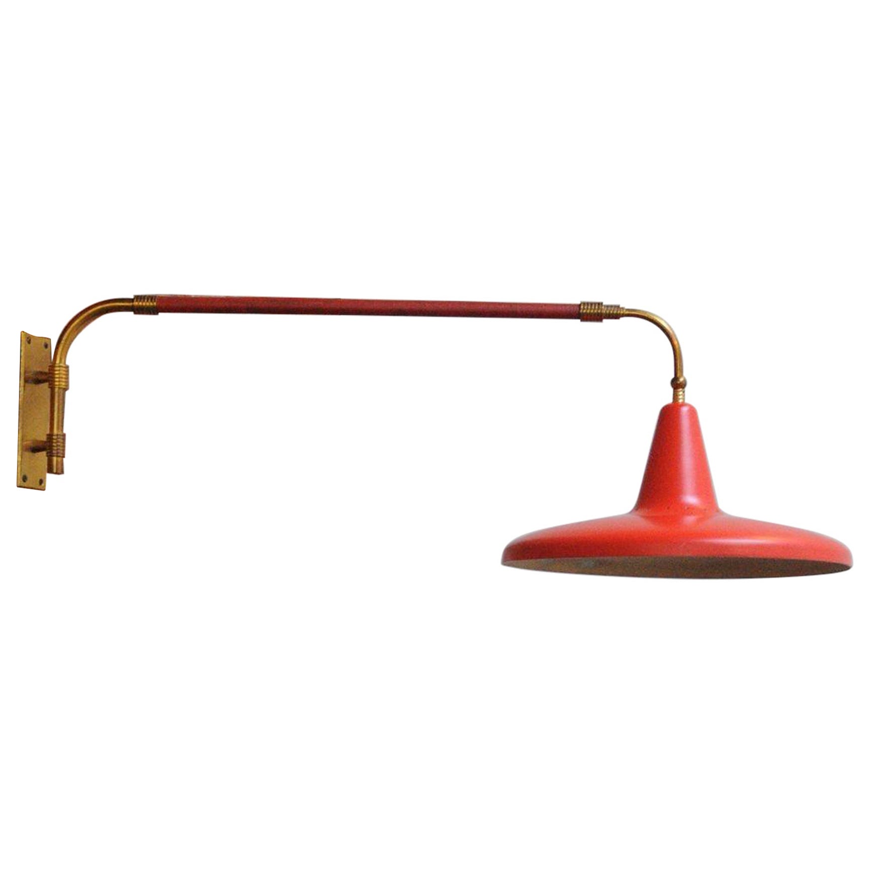 Mid Century Italian Modernist Wall Swag Lamp in Brass and Red Lacquered Metal For Sale
