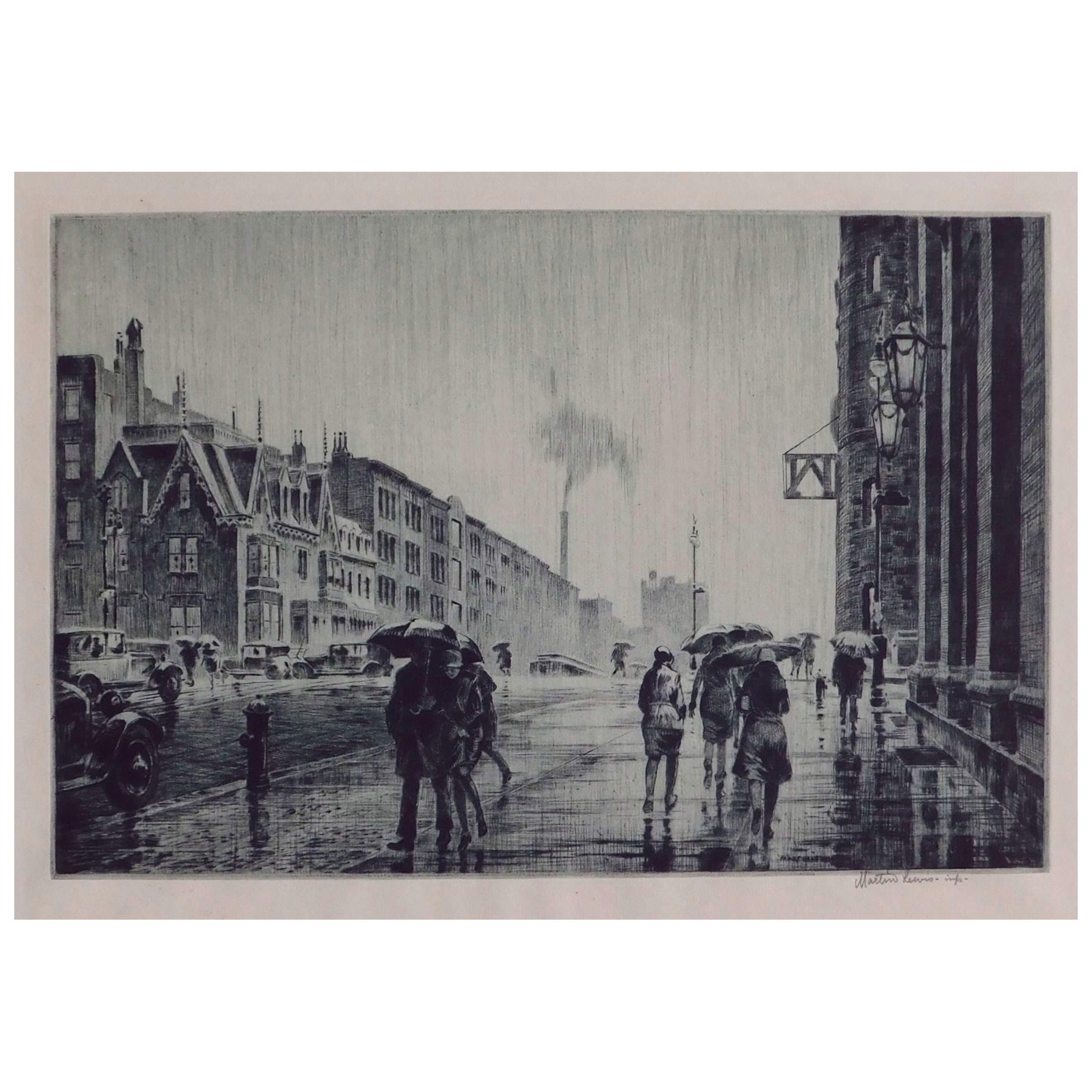 Martin Lewis Original Etching, 1928 - “Rain on Murray Hill” For Sale