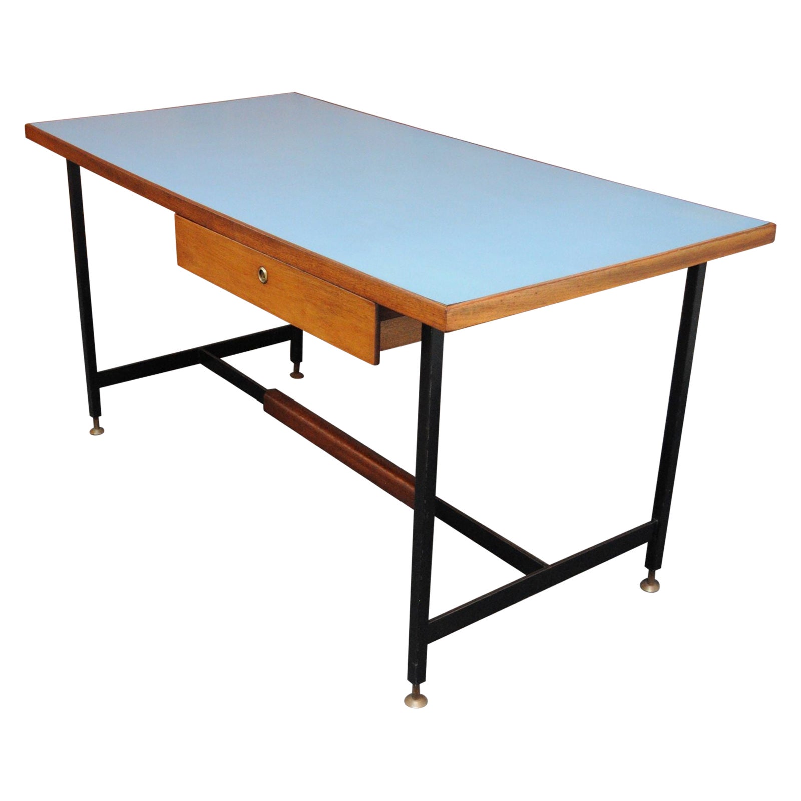 Moderner italienischer Schreibtisch aus Nussbaum und Stahl mit blauer Laminatplatte aus der Mitte des Jahrhunderts im Angebot