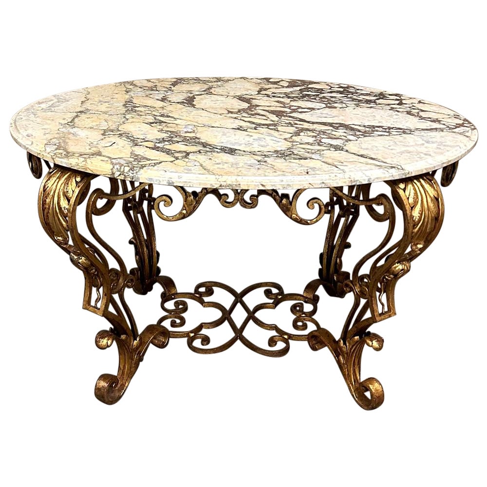 Ancienne table basse italienne en fer forgé peint avec plateau en marbre