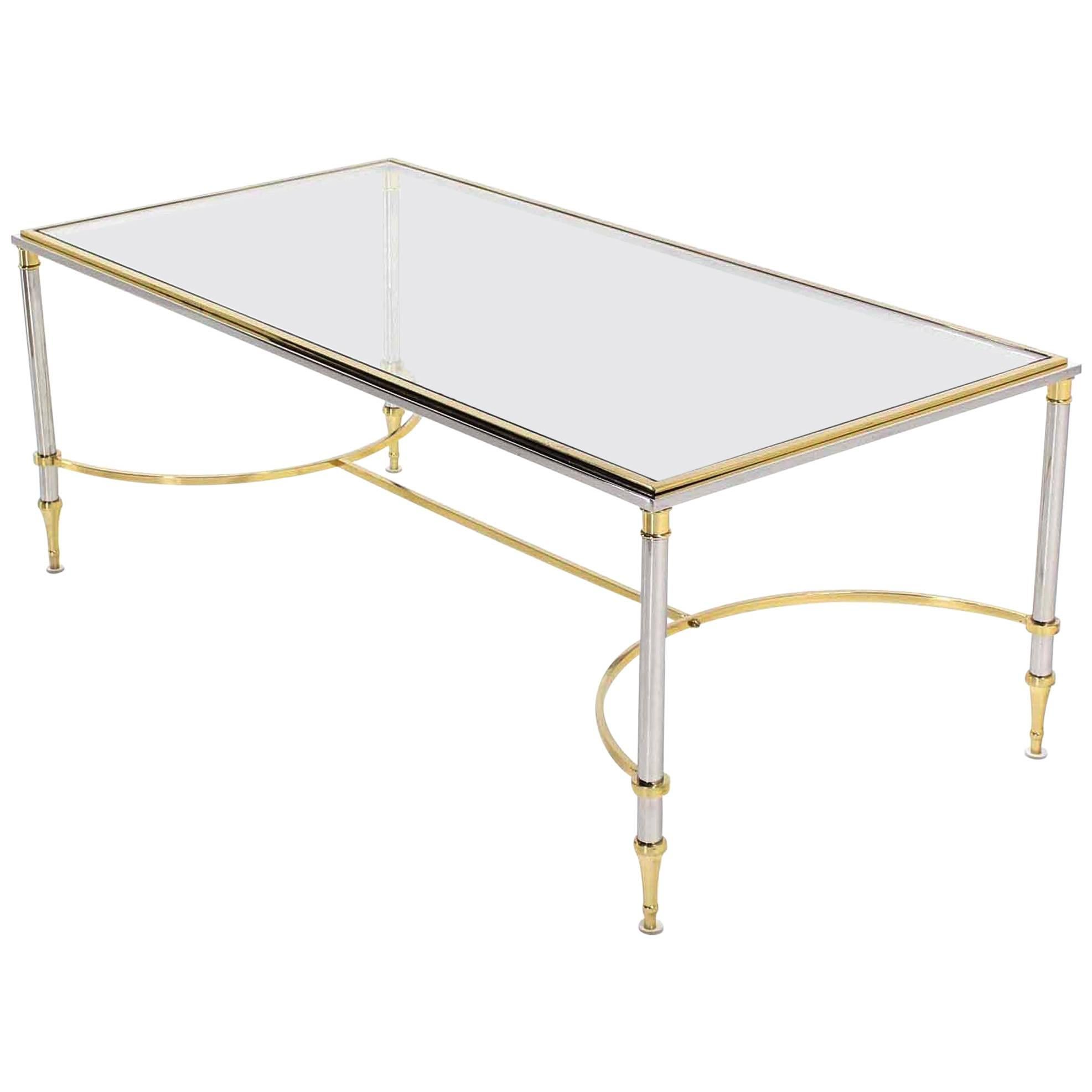 Brass Chrome Glass-Top Coffee Table U Shape Brass Stretchers