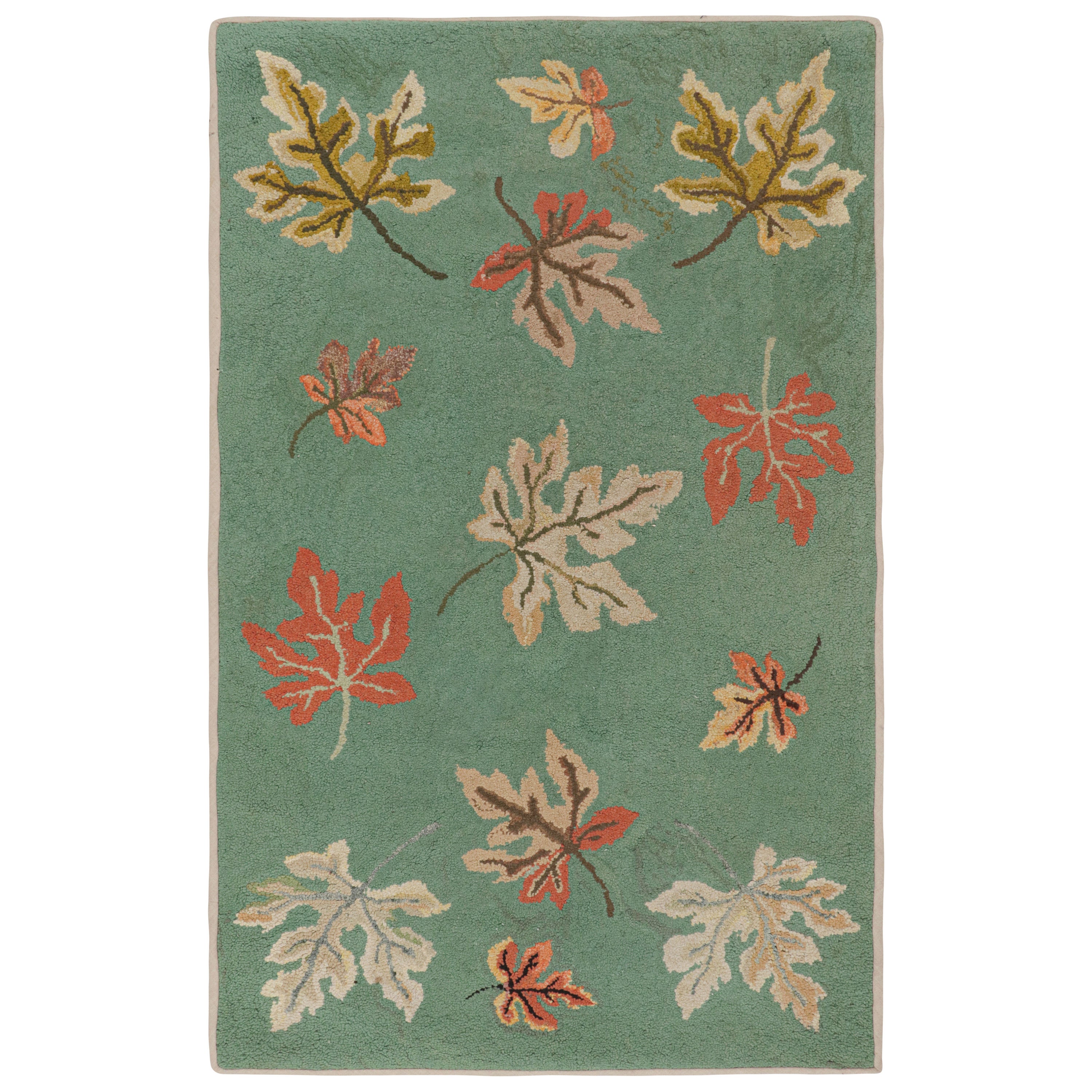 Antique Hooked Rug in Seafoam with Leaf Floral Patterns, from Rug & Kilim For Sale