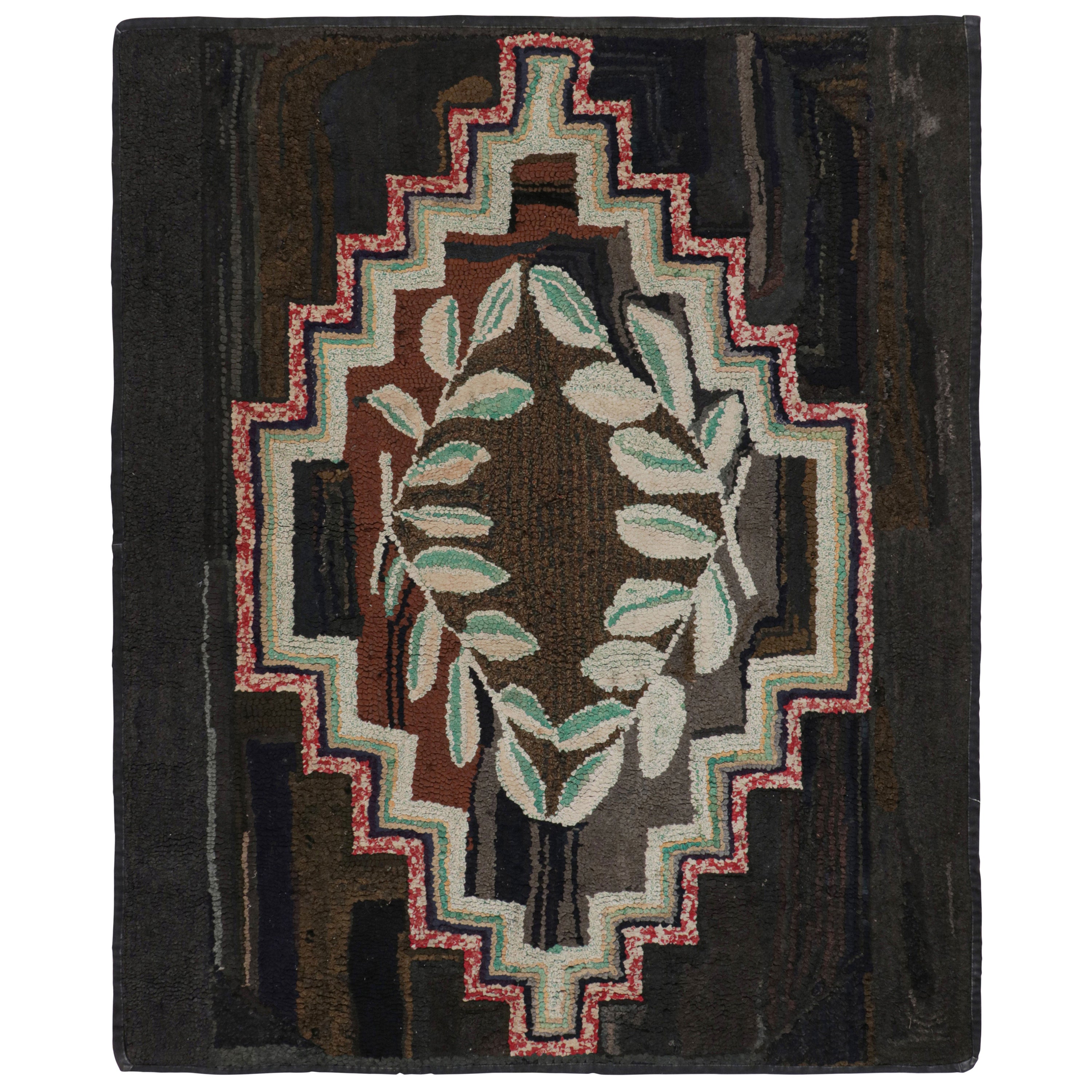 Antique Hooked Rug in Brown with Laurels and Geometric Pattern, from Rug & Kilim For Sale