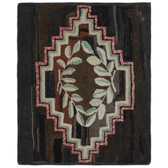 Antique Hooked Rug in Brown with Laurels and Geometric Pattern, from Rug & Kilim
