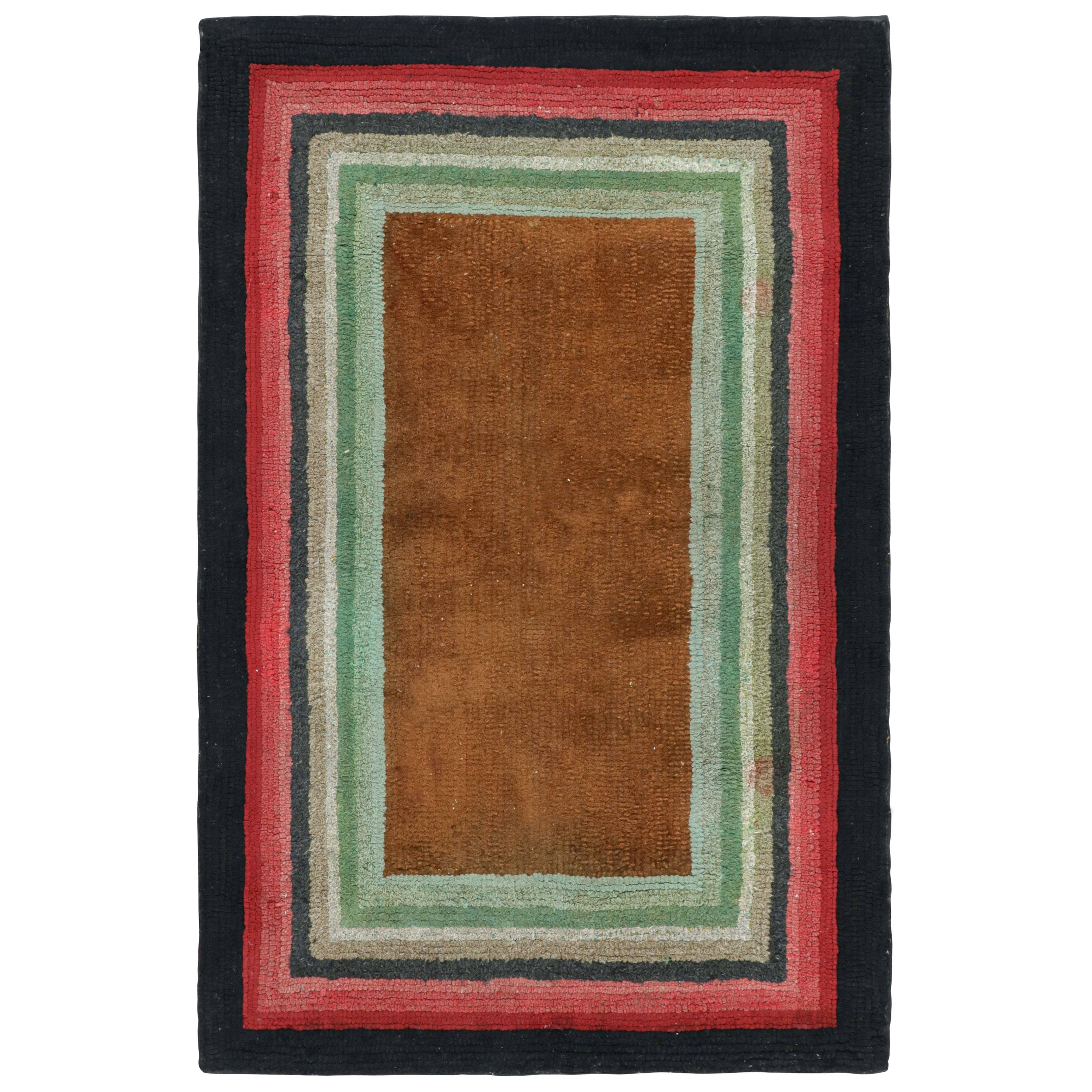 Antique Hooked Rug with Brown Open Field and Geometric Borders, from Rug & Kilim For Sale