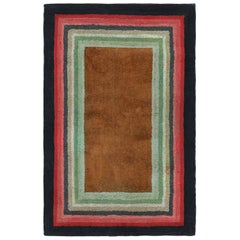 Antique Hooked Rug with Brown Open Field and Geometric Borders, from Rug & Kilim