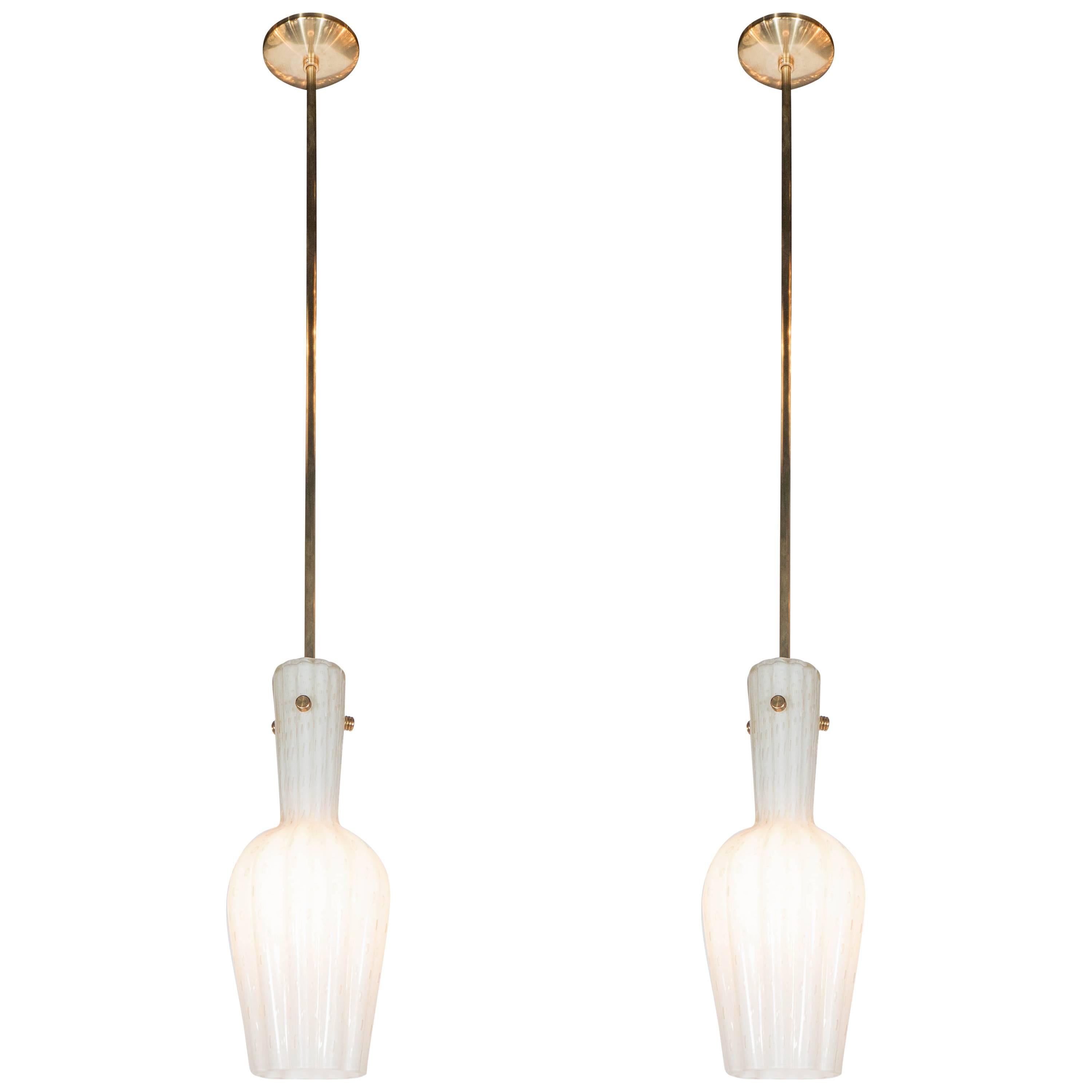 Pair of Fluted Urn-Form Murano White Glass Pendants with Antiqued Brass Fittings