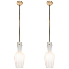 Pair of Fluted Urn-Form Murano White Glass Pendants with Antiqued Brass Fittings 12