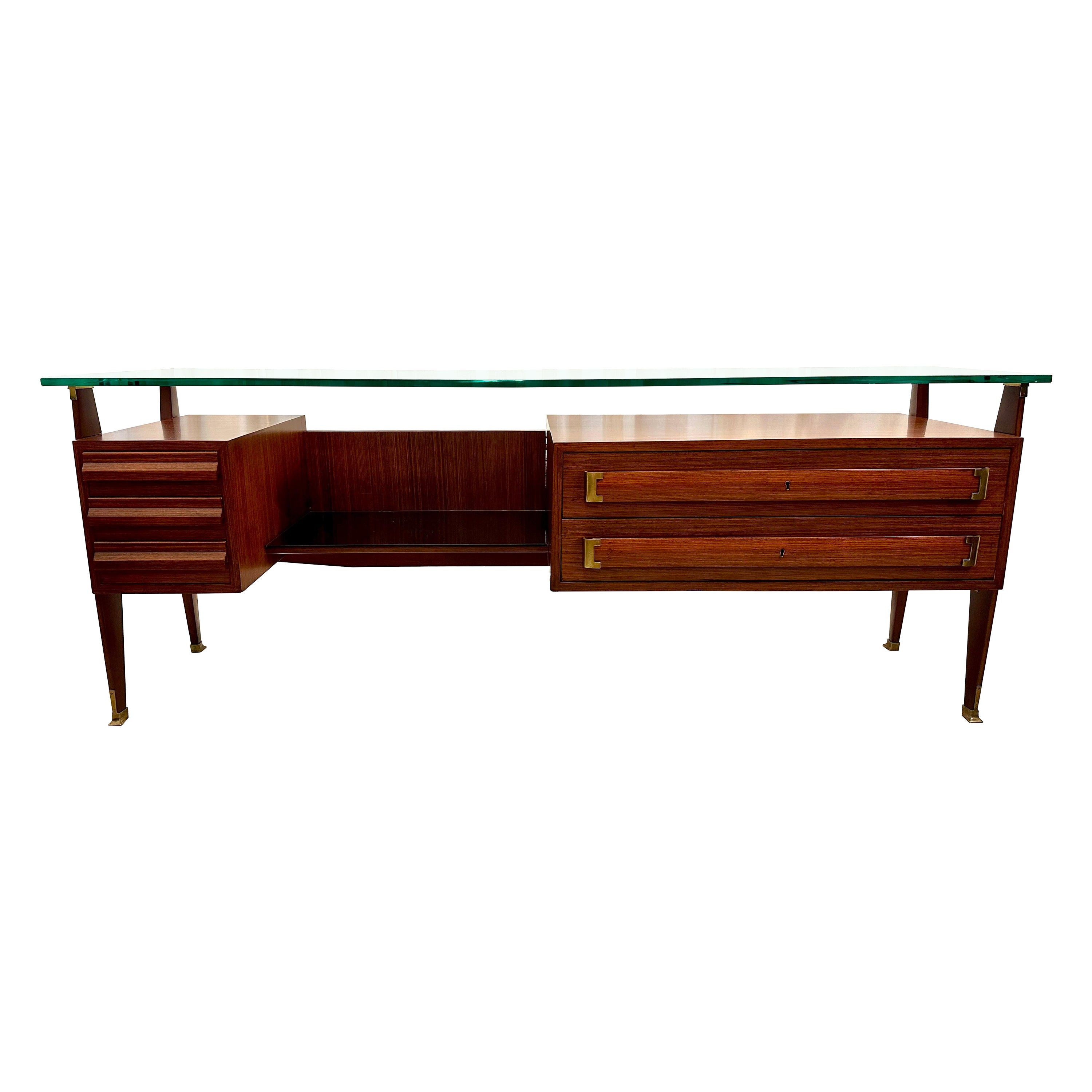Mid-Century Walnut, Glass and Brass Italian Sideboard 1960's For Sale