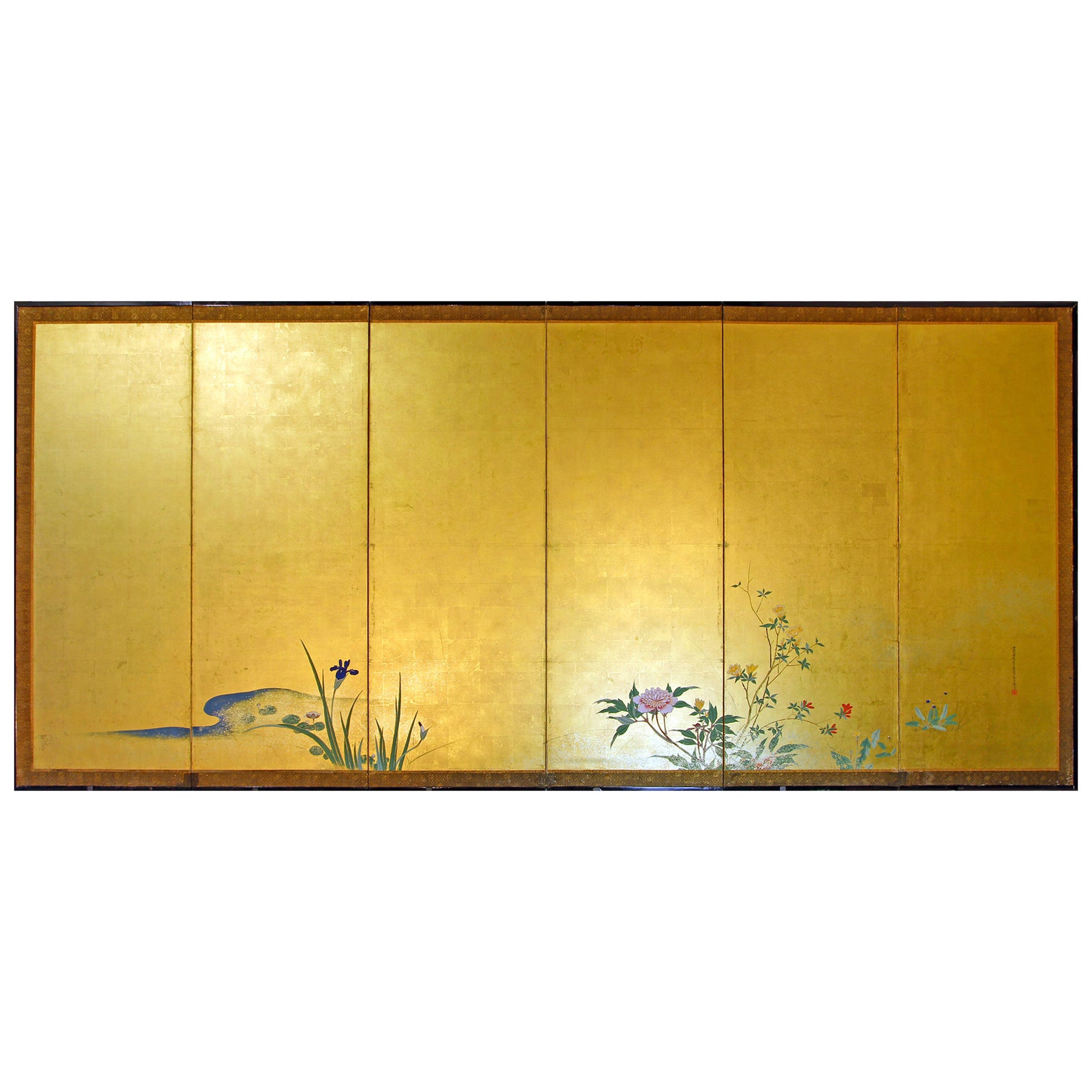 Paravento Giapponese a sei pannelli su foglia d'oro. For Sale