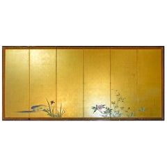 Antique Paravento Giapponese a sei pannelli su foglia d'oro.