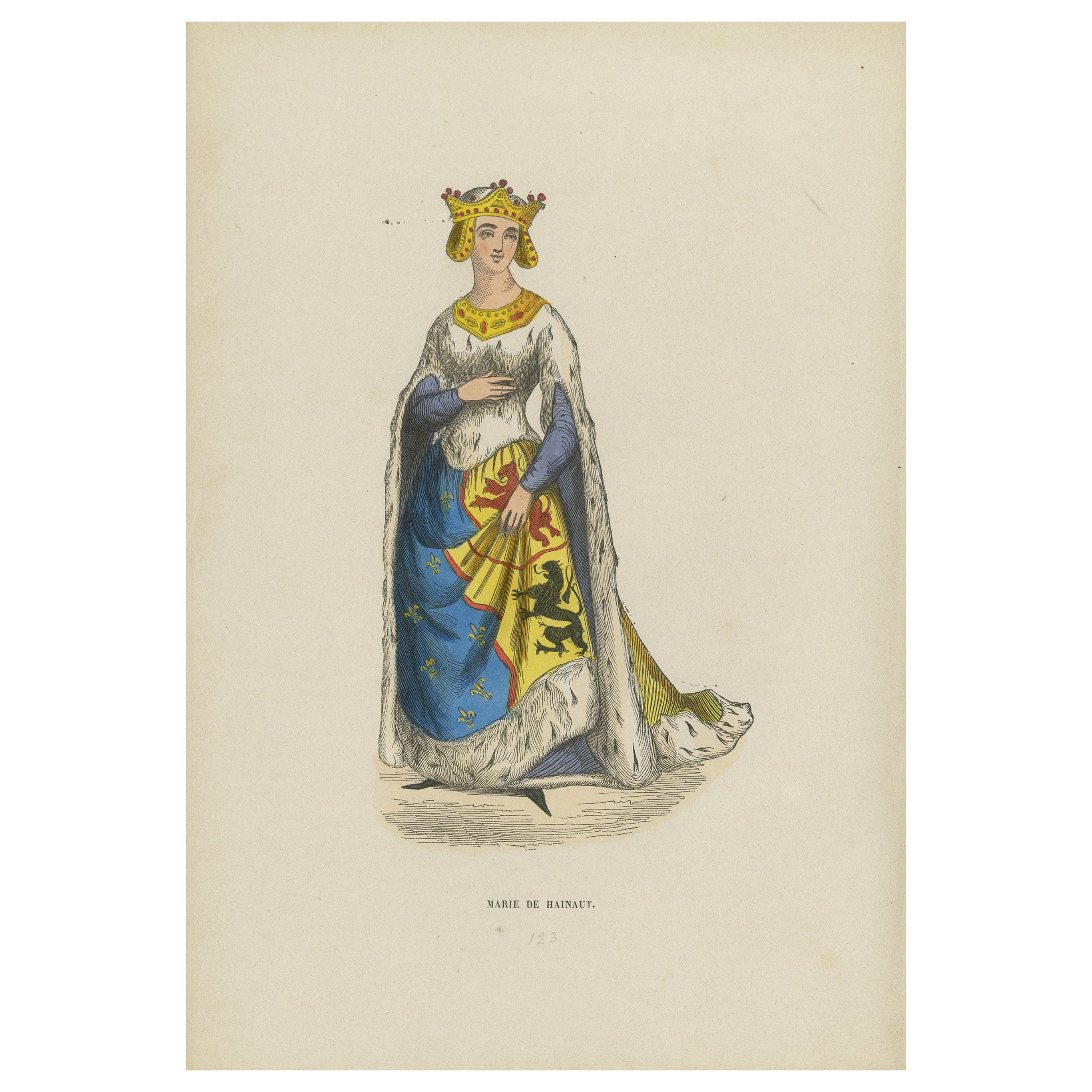An Original Lithograph Showing the Regal Elegance of Marie de Hainaut, 1845 For Sale