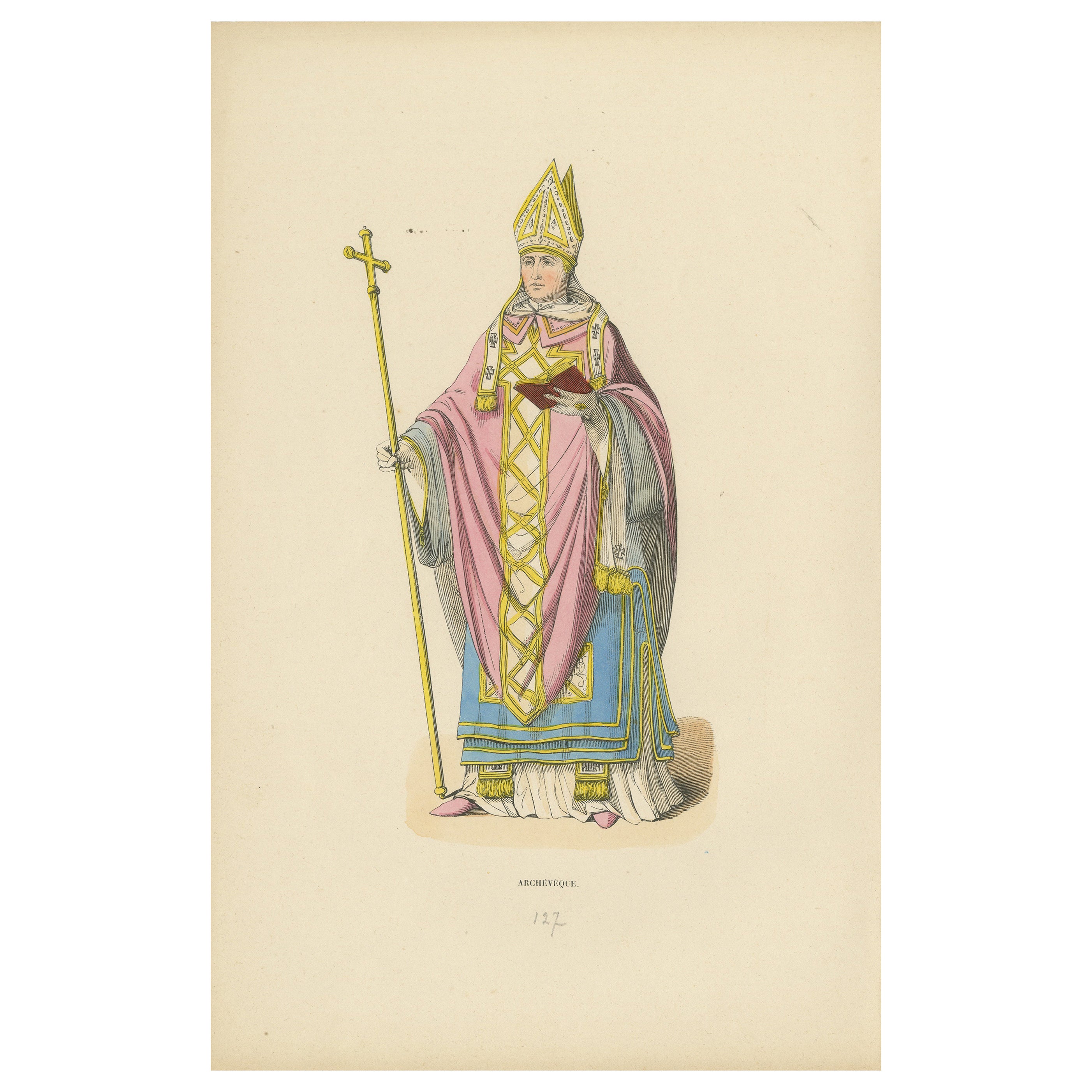 Ecclesiastical Splendor: The Archbishop's Regalia in a Lithograph of 1847 For Sale