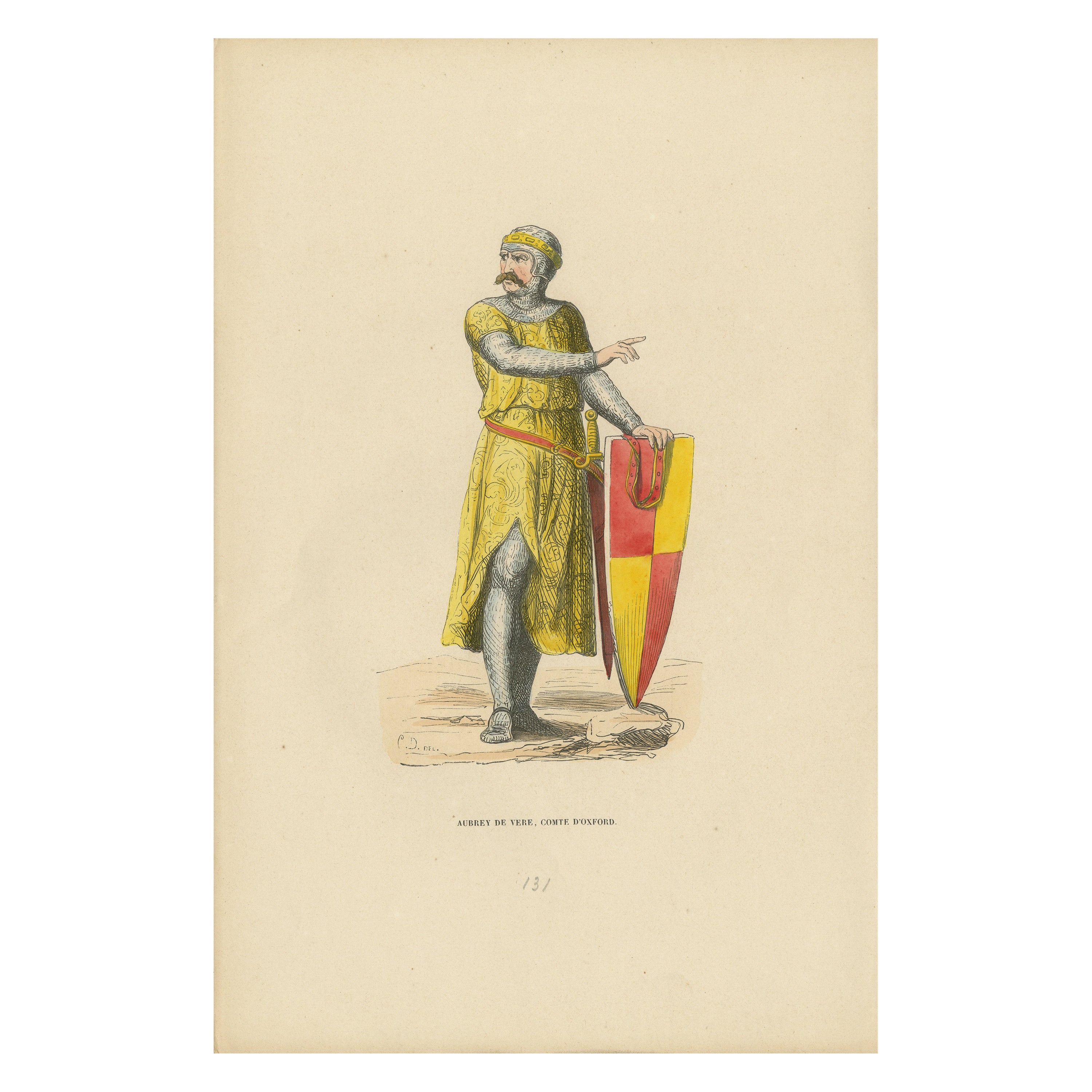 Chivalric Poise: Aubrey de Vere, Earl of Oxford in an Antique Print of 1847 For Sale