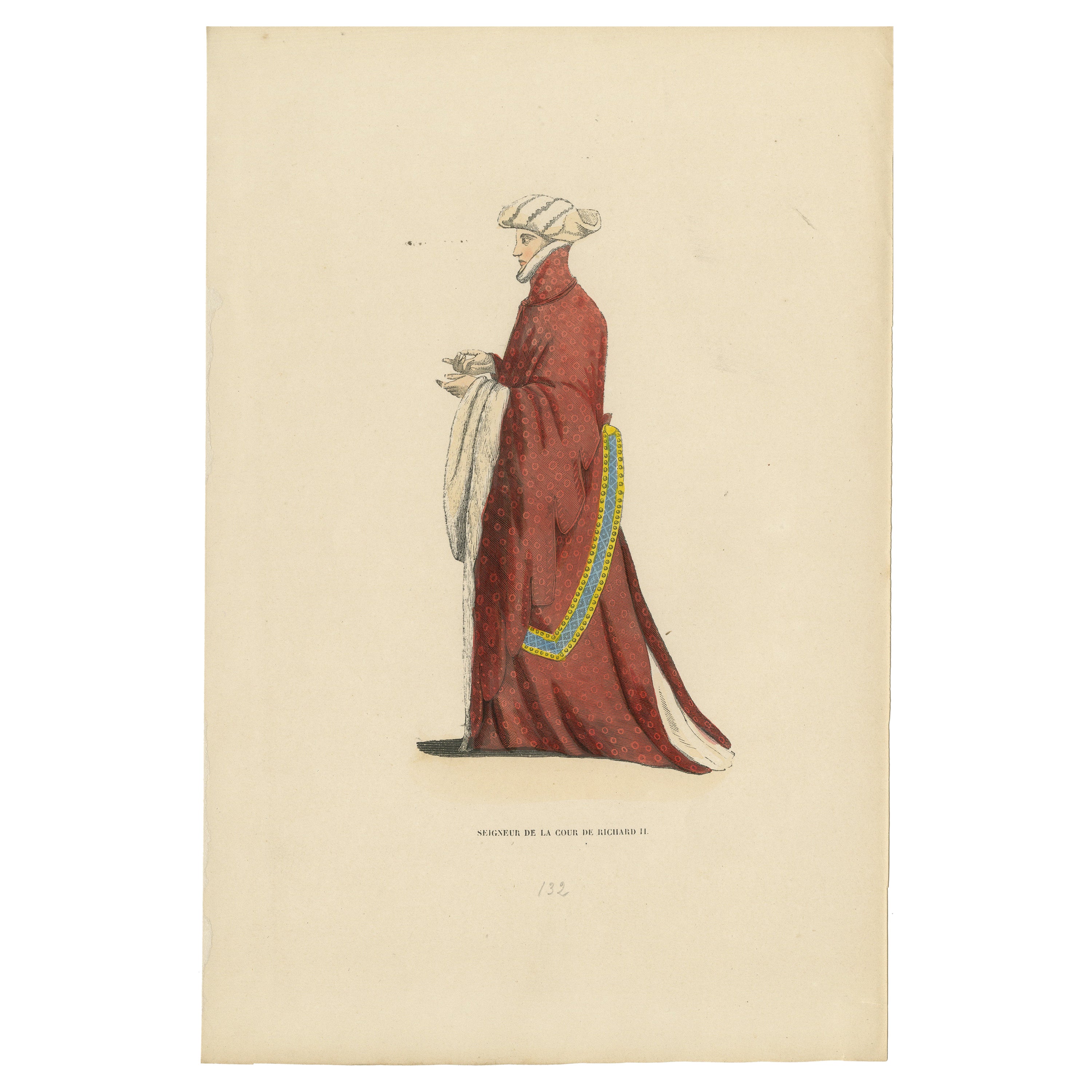 Aristocratic Elegance: A Lord of Richard II's Court, Original Old Print of 1847 For Sale