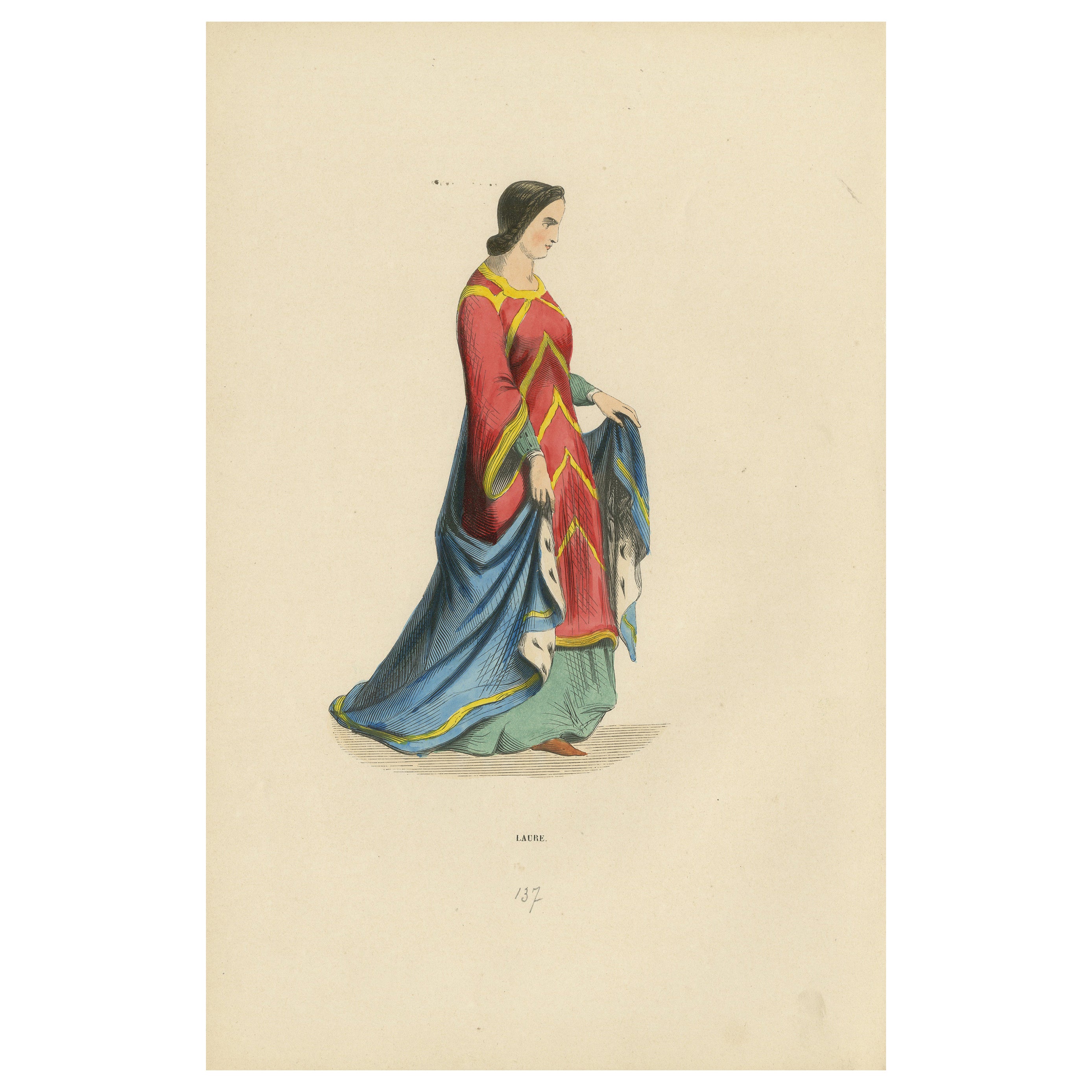 Renaissance Grace: A Lady's Attire in 'Costume du Moyen Âge', 1847 For Sale
