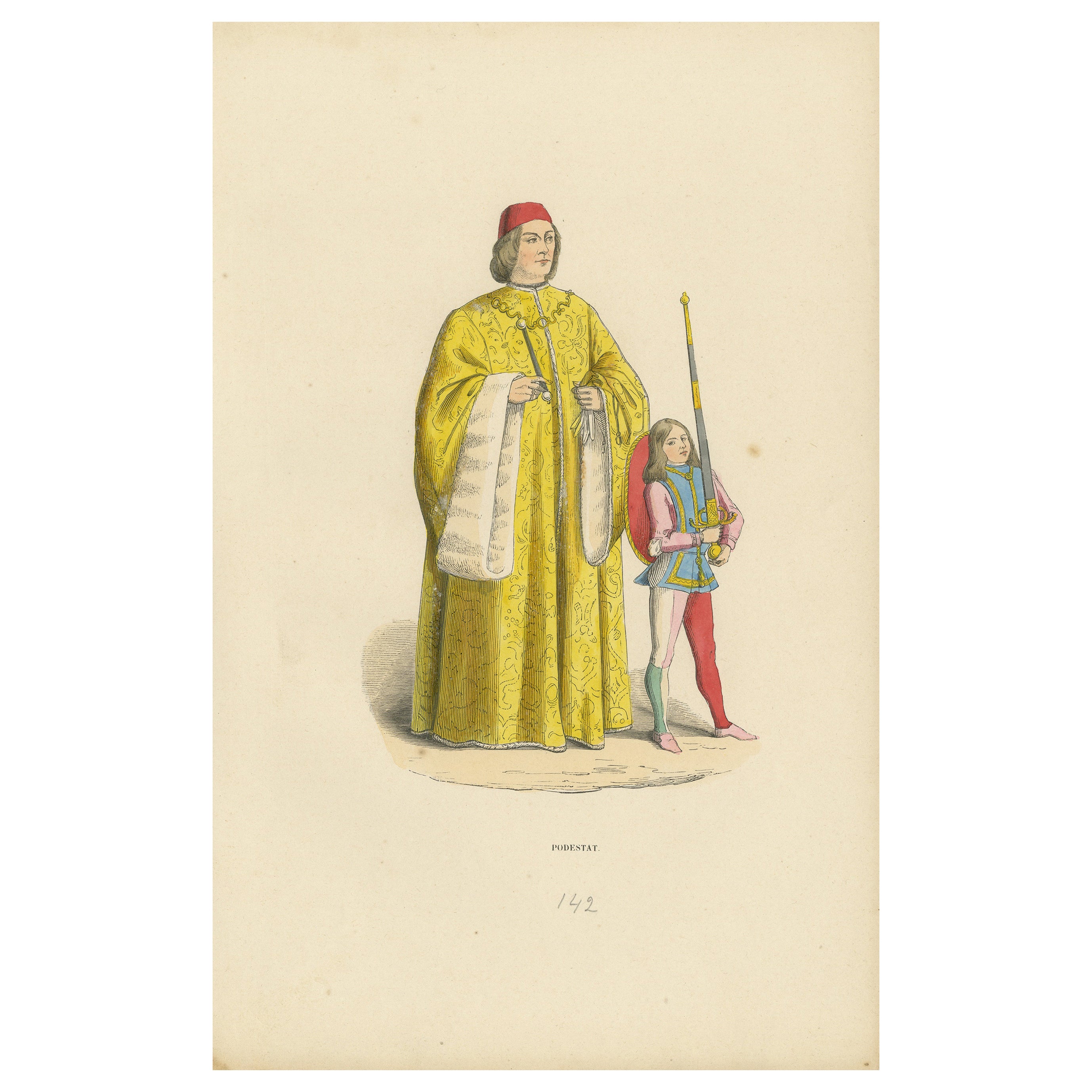 Civic Pride: A Podestà's Robe in 'Costume du Moyen Âge', Genuine Lithograph 1847 For Sale