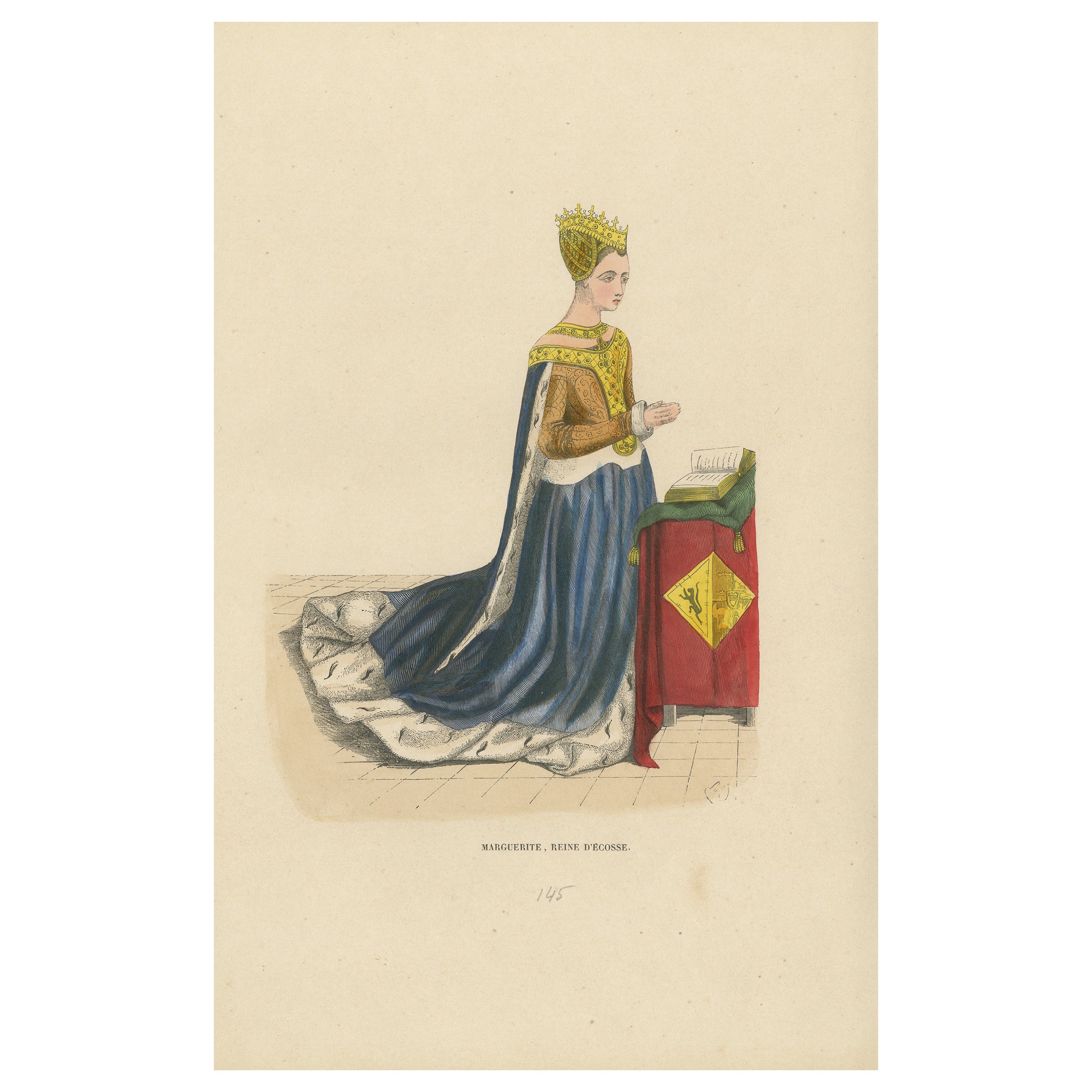 Regal Contemplation: Queen Margaret of Scotland in 'Costume du Moyen Âge, 1847 For Sale