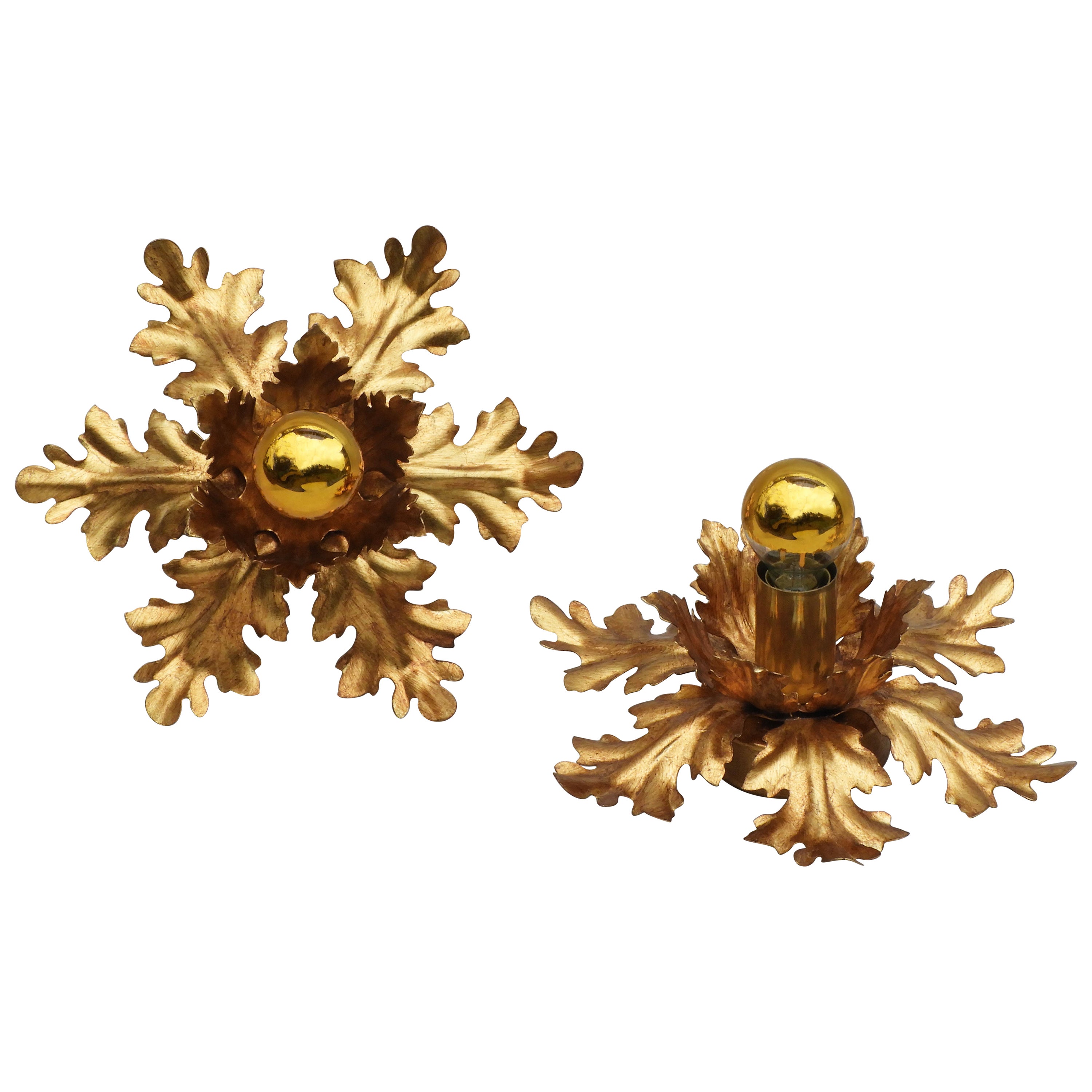 Pair of French Gilded Tole Flush Mount Ceiling Lights or Wall Light Sconces For Sale