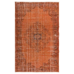 Vintage 6.3x9.6 Ft Modern Handmade Turkish Wool Area Rug in Orange Colors