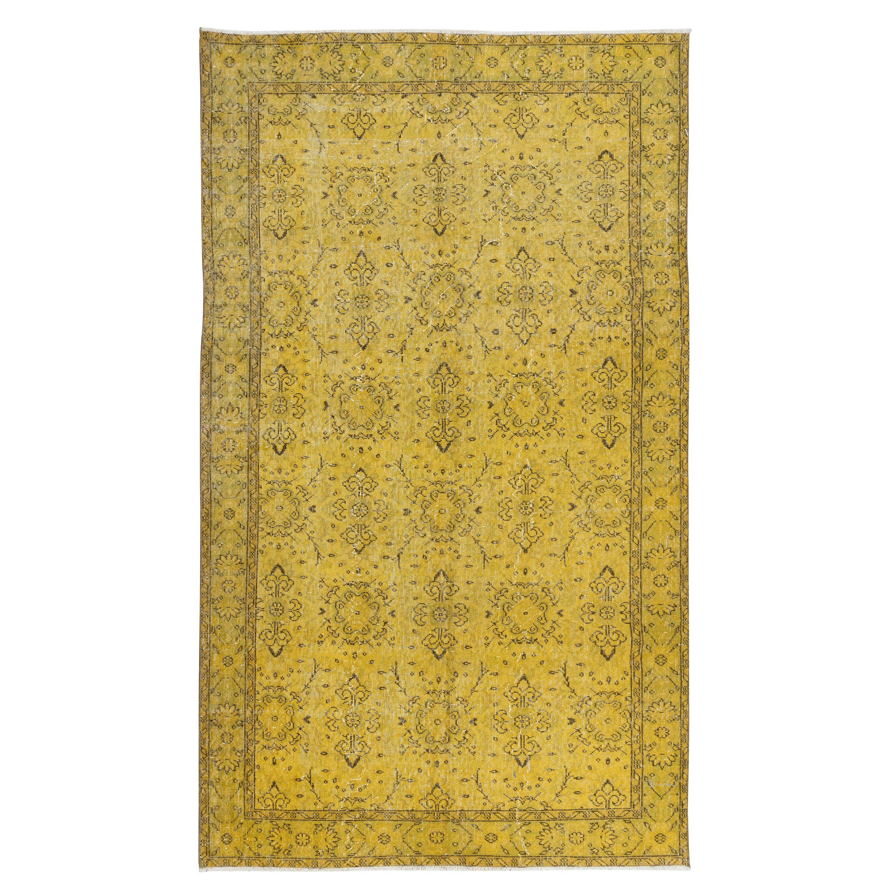 Moderner handgefertigter, geblümter türkischer Teppich, 5,5x9,5 Ft, gelber, upcycelter Teppich