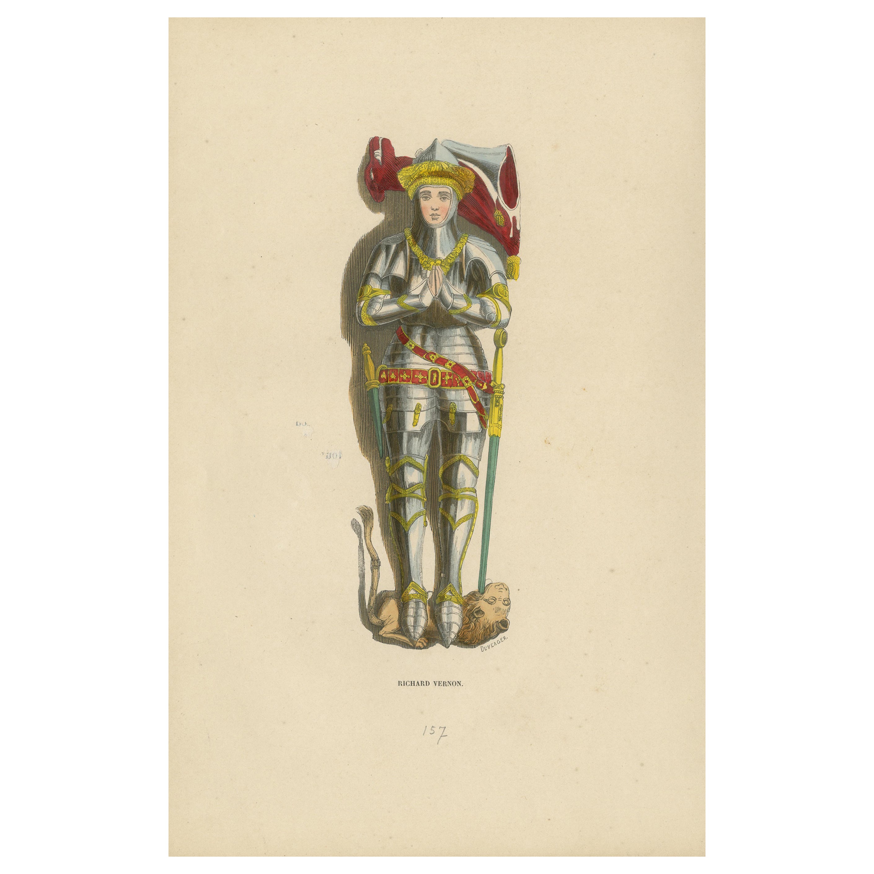 Medieval Valor: Sir Richard Vernon in Full Armor, Original Lithograph of 1847 For Sale