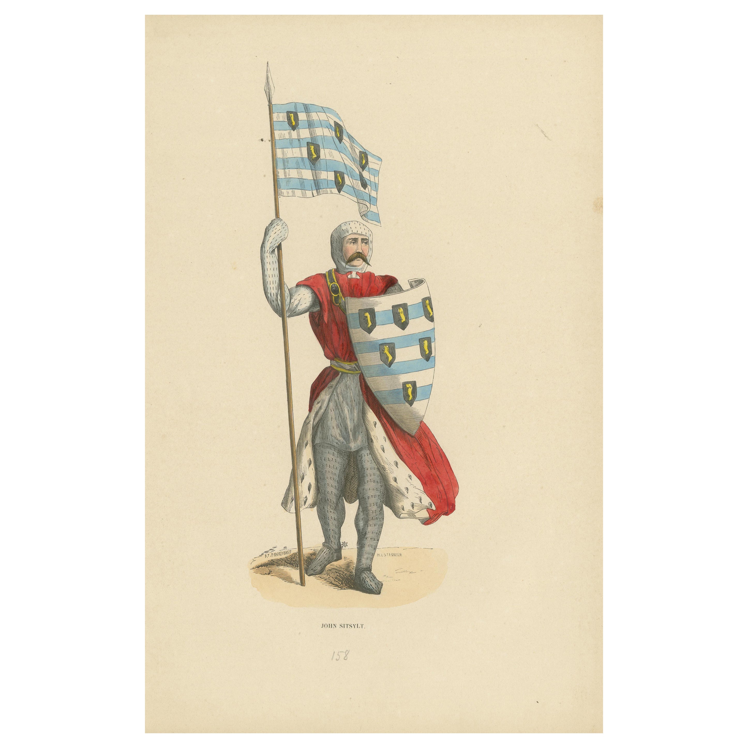 John Sitsylt, le chevalier héraldique dans une lithographie originale colorée à la main de 1847 en vente