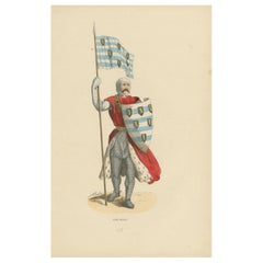 Antique John Sitsylt, the Heraldic Knight in an Original Hand-Colored Lithograph of 1847