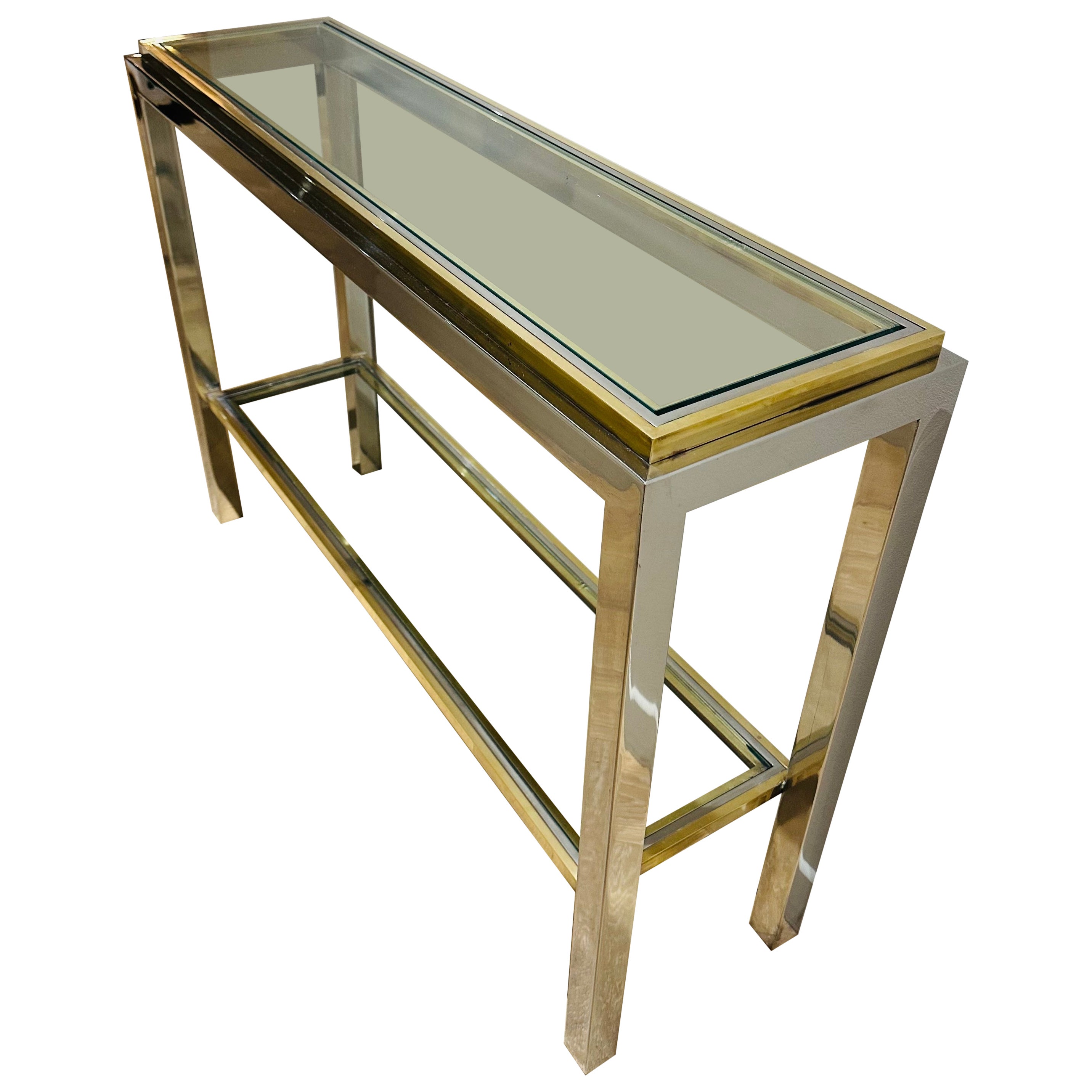 1970s French Maison Jean Charles Brass Chrome & Clear Glass Slim Console Table