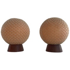 Teak & Ball Fabric Shade Pair of Bedside Lamps by Temde, 1960s Germany