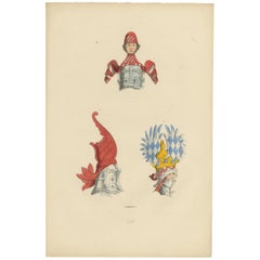 Antique Armorial Elegance: Crests of Chivalry, Original Lithograph Published in 1847