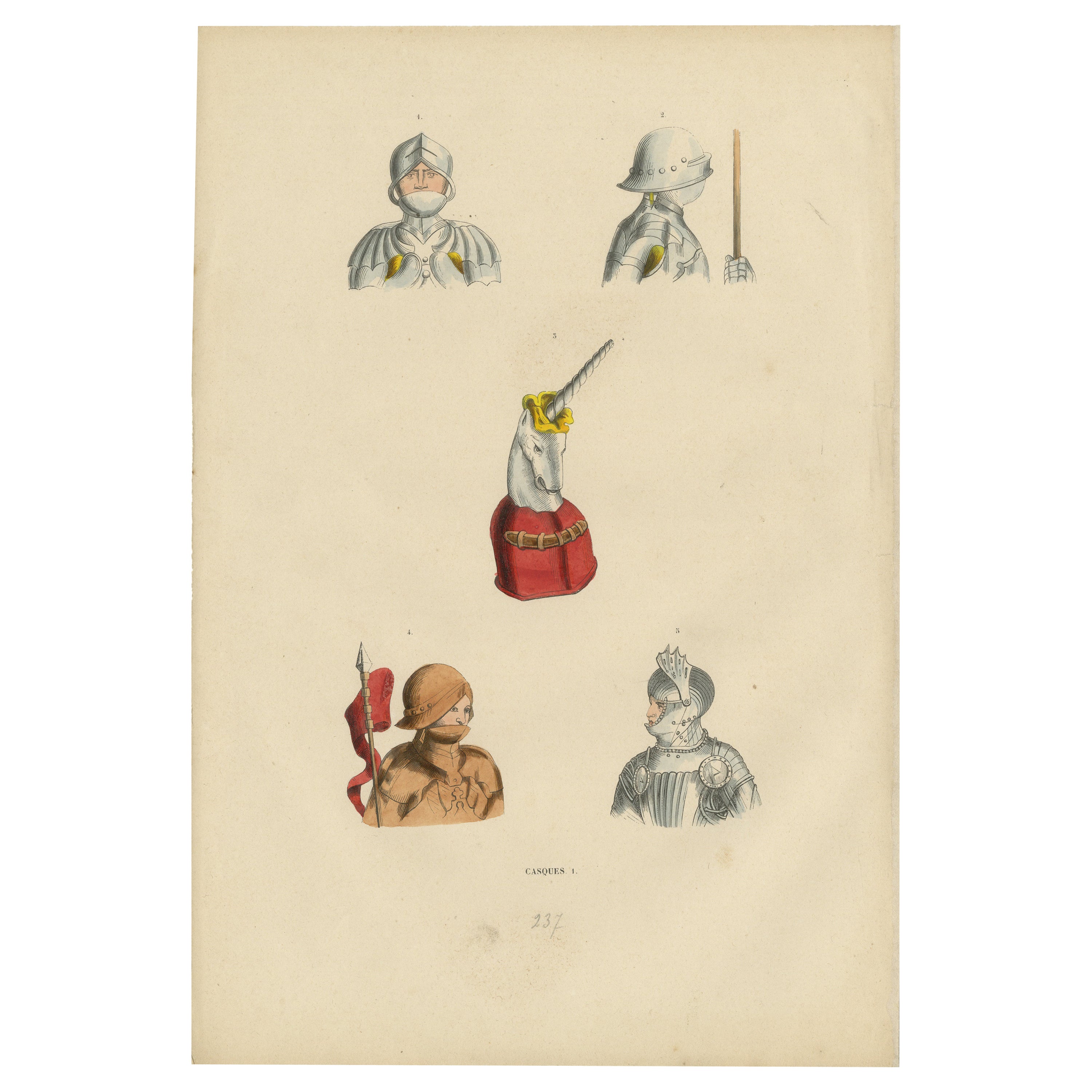 Chivalry to Fantasy: Helmets Across Ages, Lithographs Published in 1847 For Sale