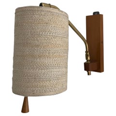 Vintage Fabric Shade and Wood Wall Lamp with Brass Neck, 1960s, Germany