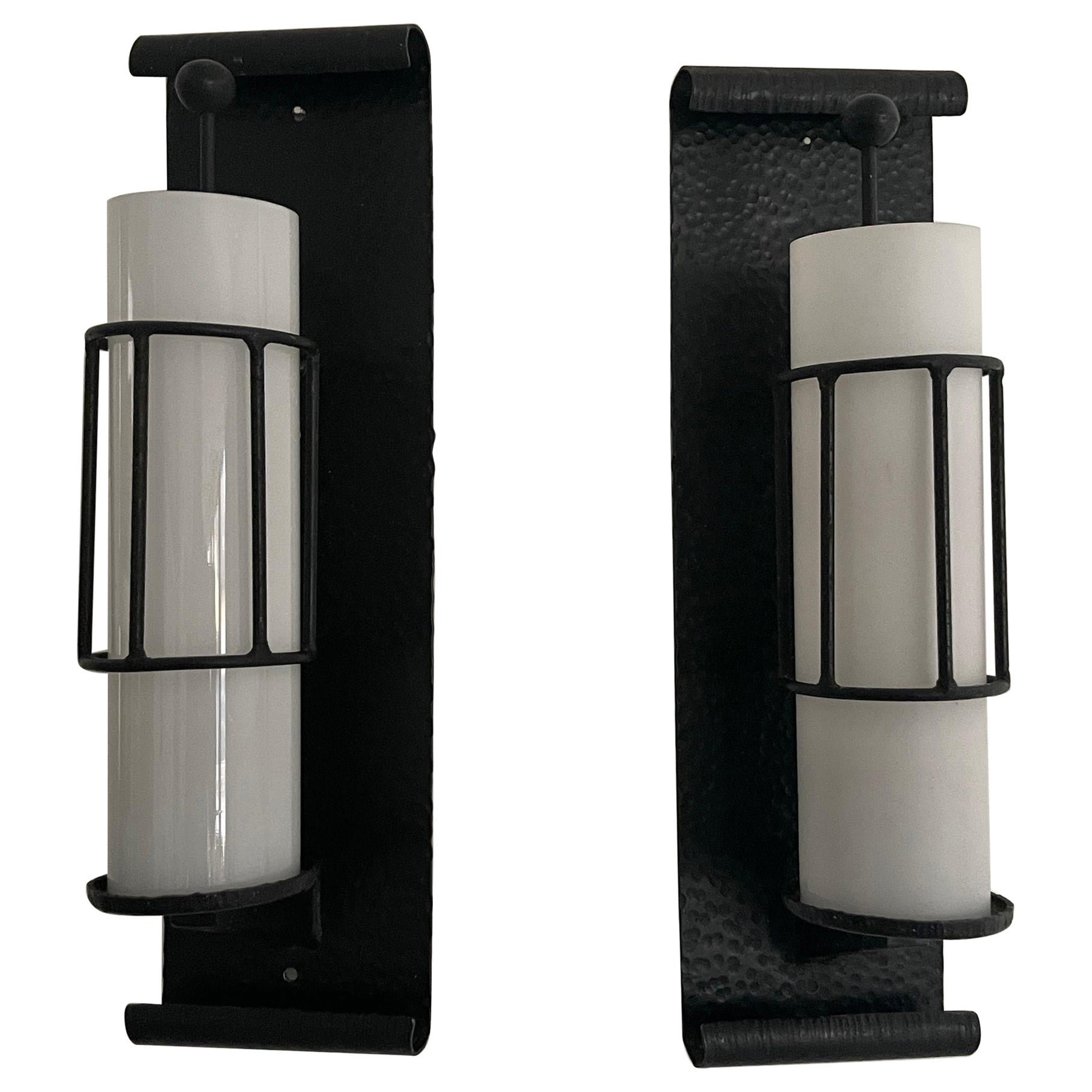 White Glass with Black Wrought Iron Pair of Cinema Sconces, 1960s, Germany  For Sale
