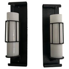 White Glass with Black Wrought Iron Pair of Cinema Sconces, 1960s, Germany 