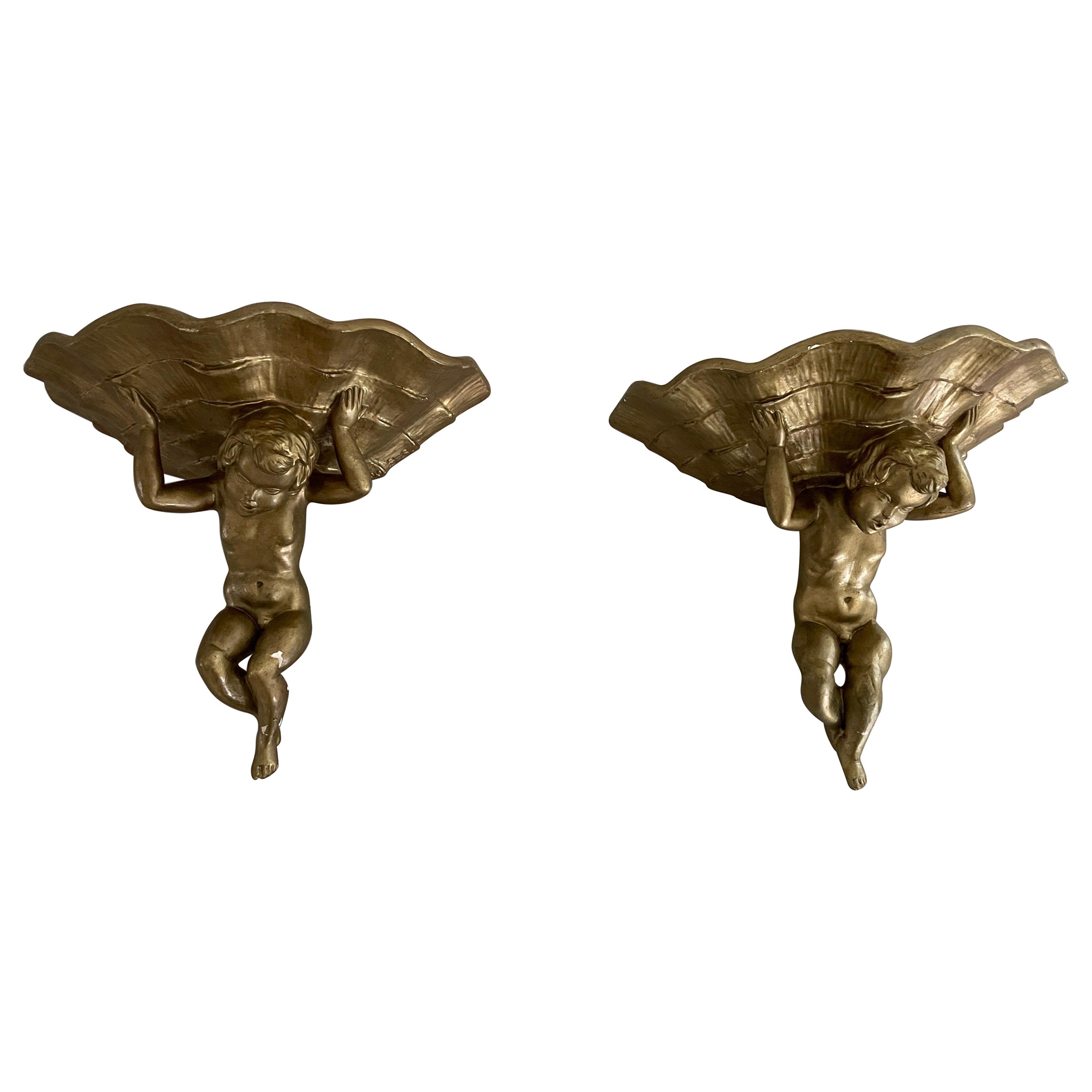 Made of Plaster Gold Coloured Pair of Sconces in Angel Sculpture, 1960s, Italy
