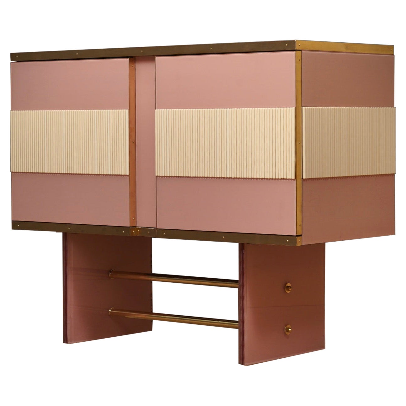 Murano Pink Glass and Brass Credenza Buffet Sideboard, 2000