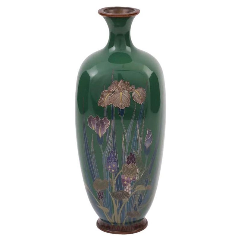 Rare Green Japanese Cloisonne Enamel Vase with Blossoming Iris Flowers For Sale