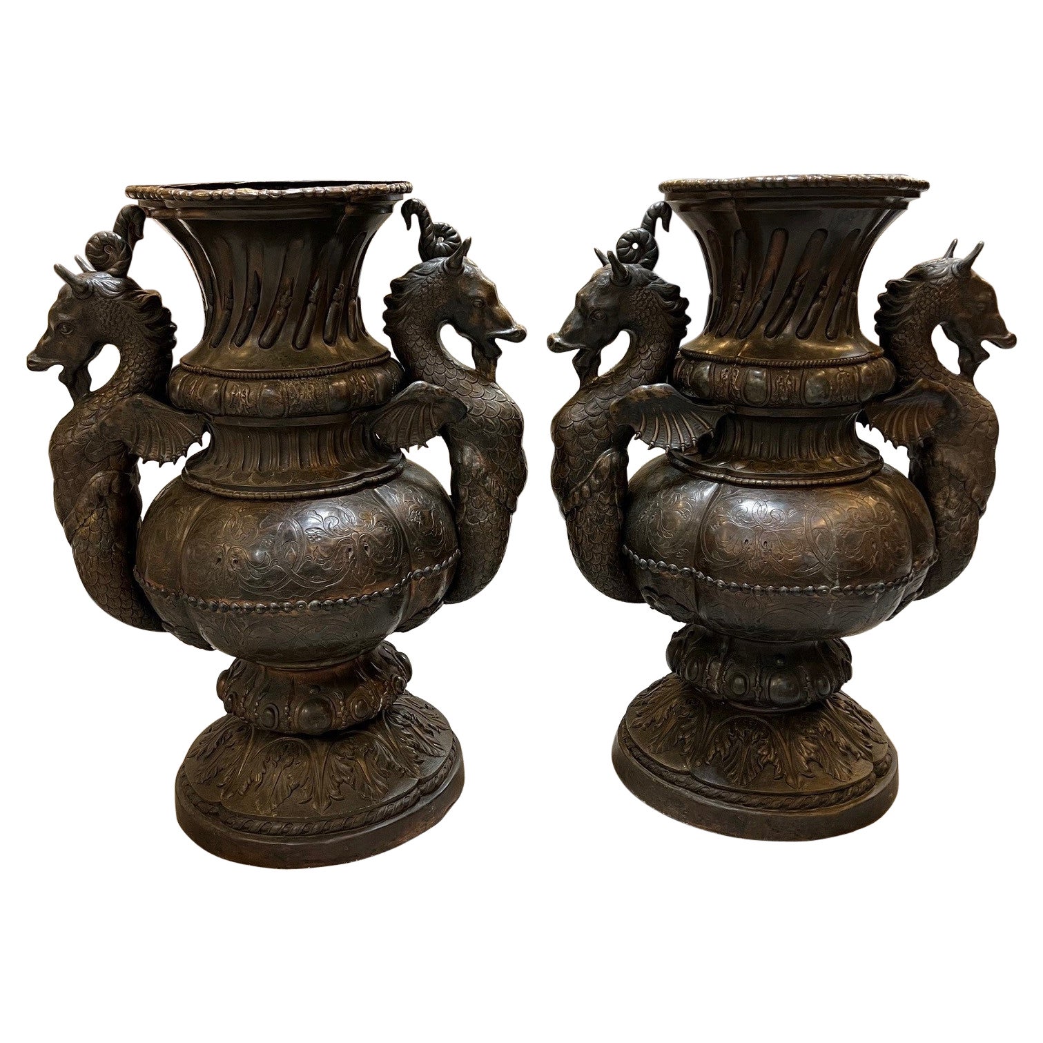 Pair of Antique Handcrafted Copper Urns with Mythological Seahorse Handles  