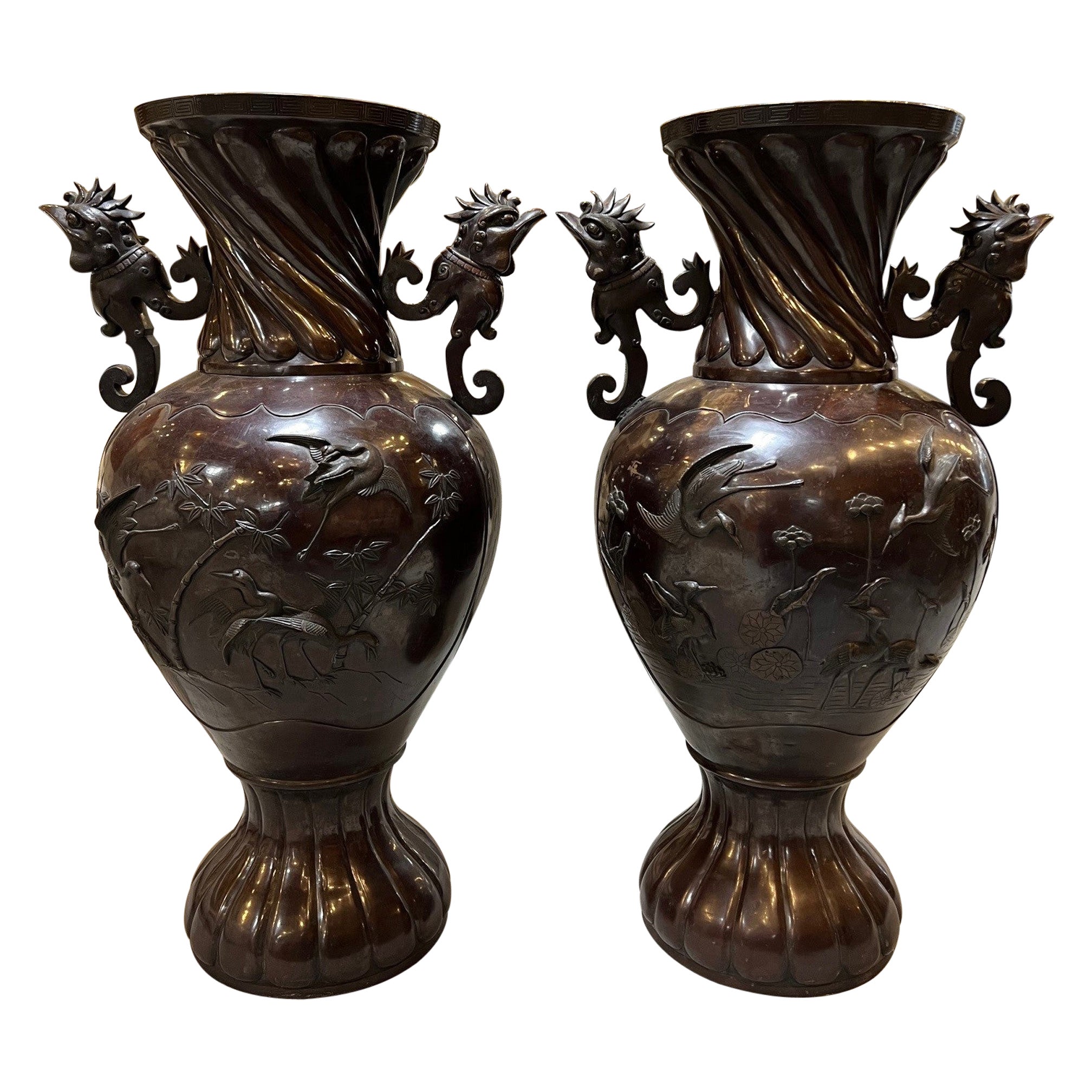 Vintage Pair of Large Japanese Bronze Urns with Cranes & Bamboo Trees  