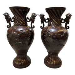 Retro Pair of Large Japanese Bronze Urns with Cranes & Bamboo Trees  