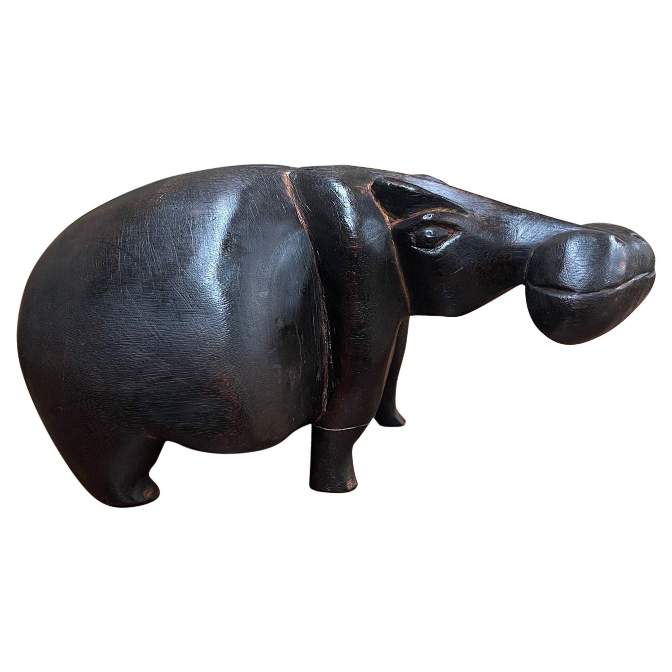 Vintage Wood Carved Hippo Sculpture. For Sale