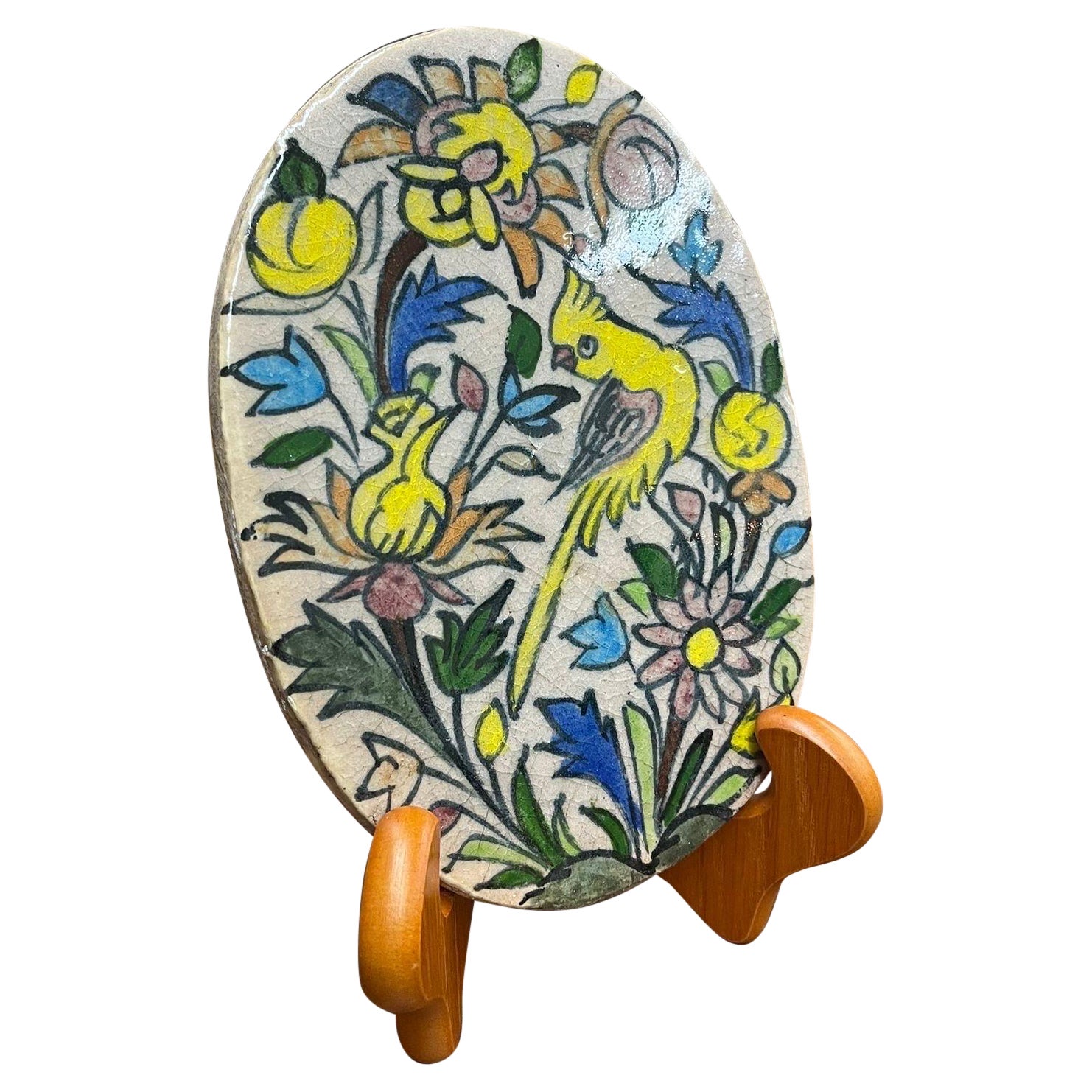 Tile ovale italien vintage peint à la main avec motif de perroquet en vente