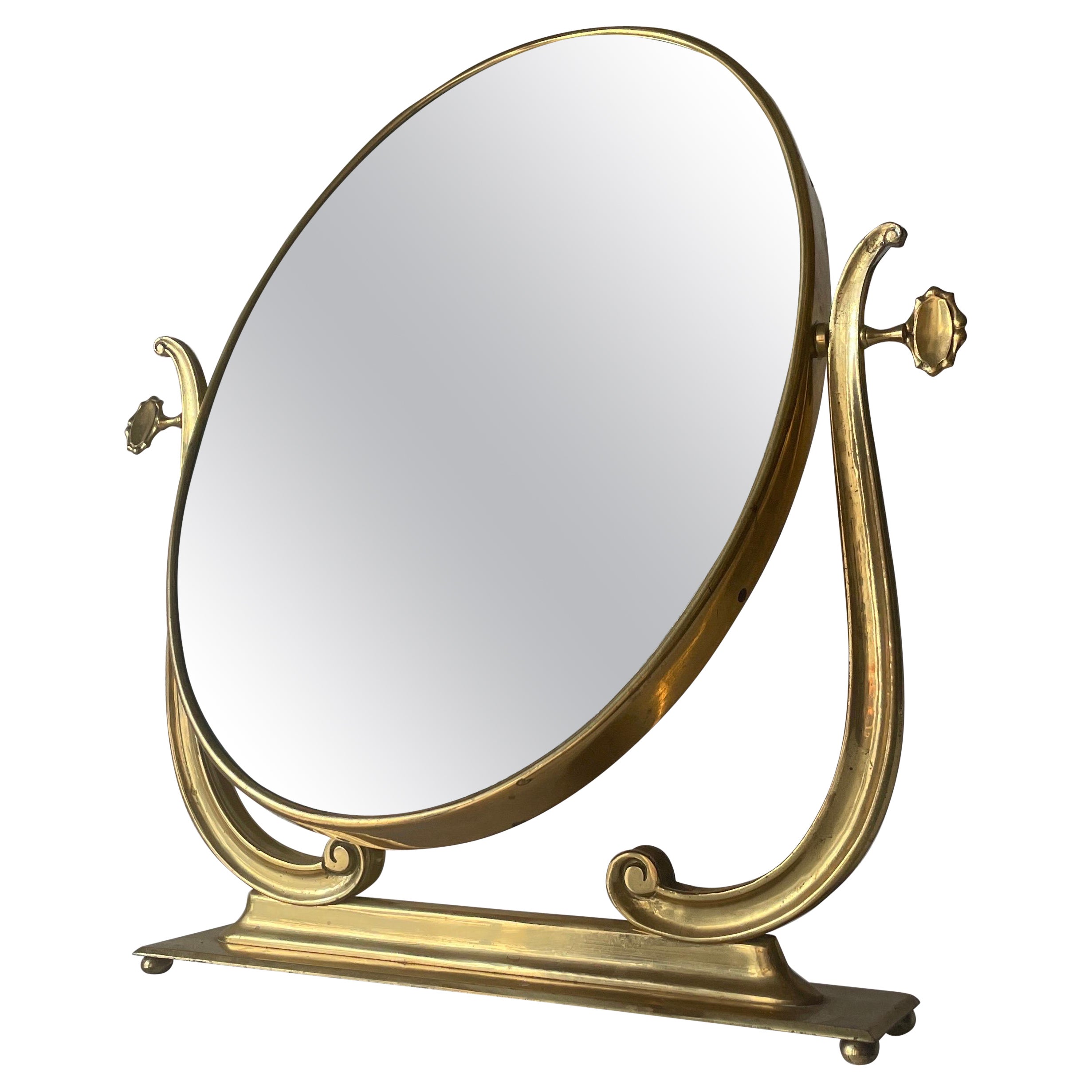Brass Oval Frame Vanity Table Mirror, 1960s, Italy For Sale