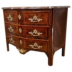 Antique French Régence Ormolu-Mounted Rosewood & Kingwood Inlay Rouge Marble Top Commode