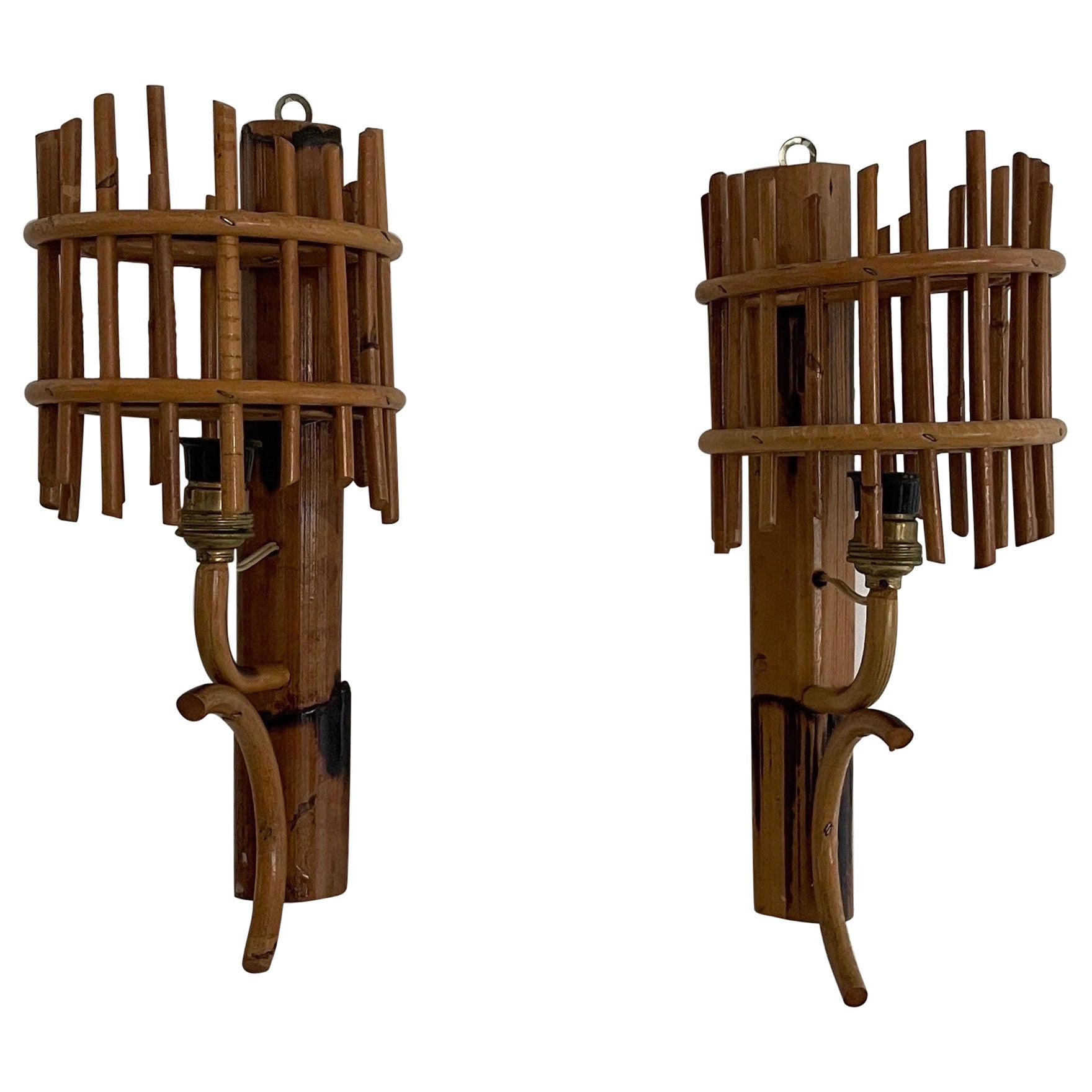Mid-Century Modern Bamboo Pair of Wall Lamps, 1950s, Italy For Sale