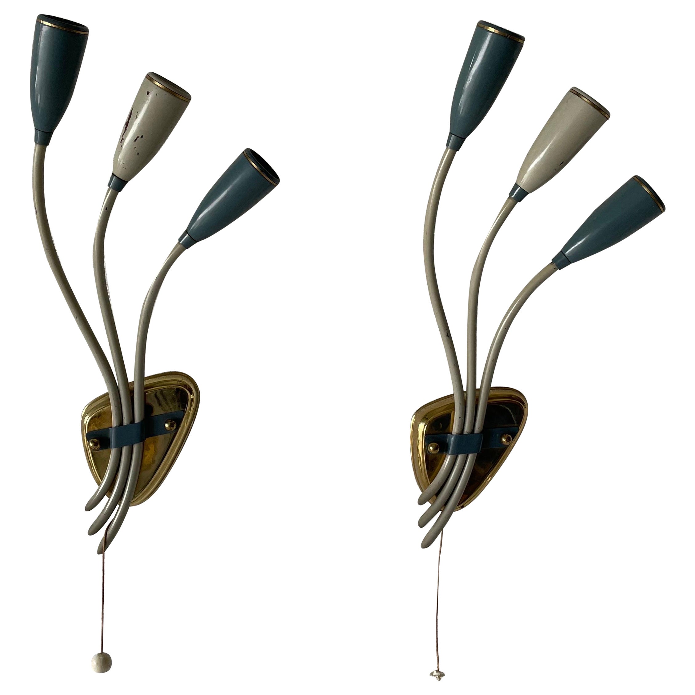 3-head Blue and White Metal Pair of Sputnik Sconces, 1950s, Germany For Sale
