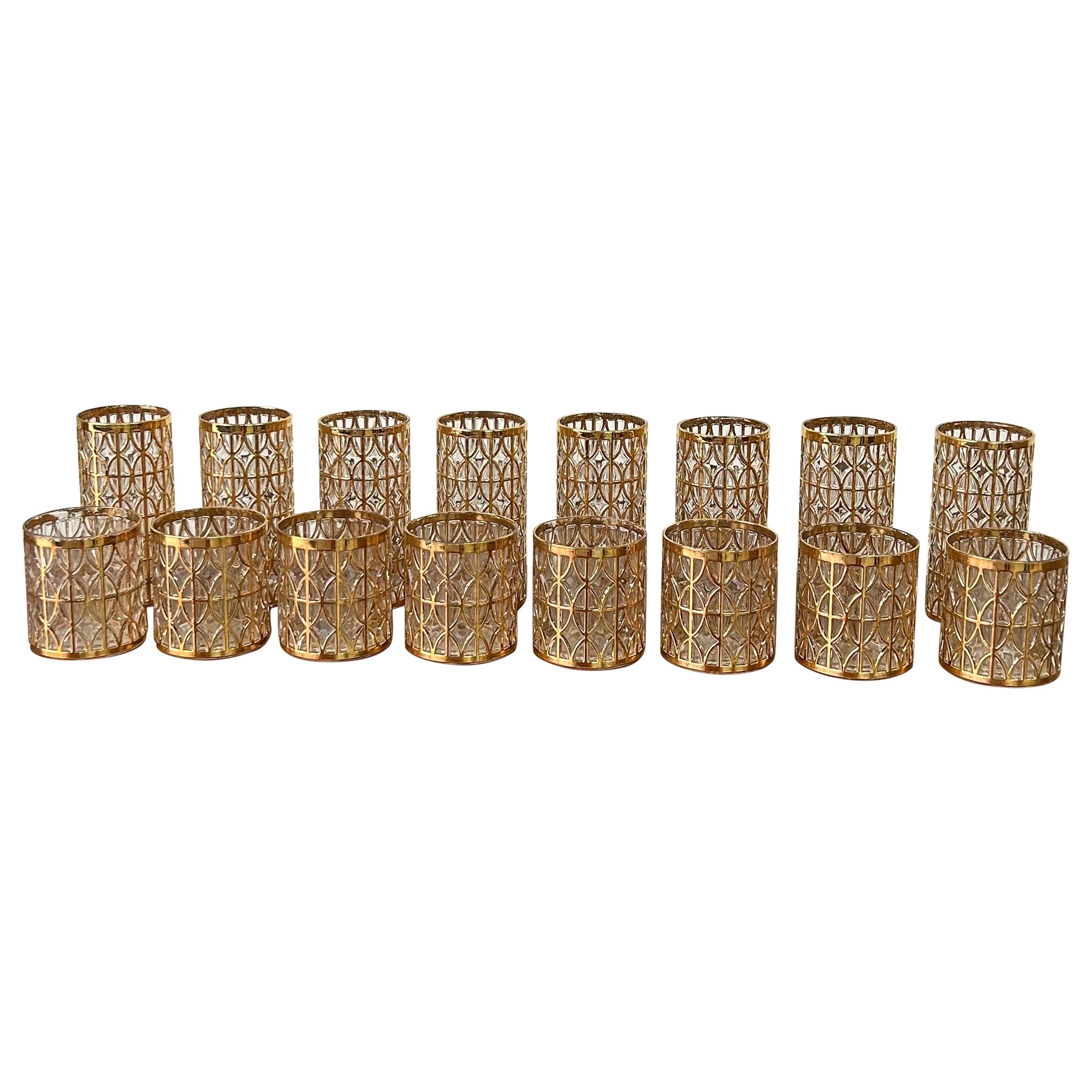 22k Gold Imperial Shoji Glassware Barware set of 16 1960s Hollywood Regency For Sale
