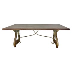 Italian Painted & Parcel Gilt Trestle Dining Table w/ Wood Finished Top