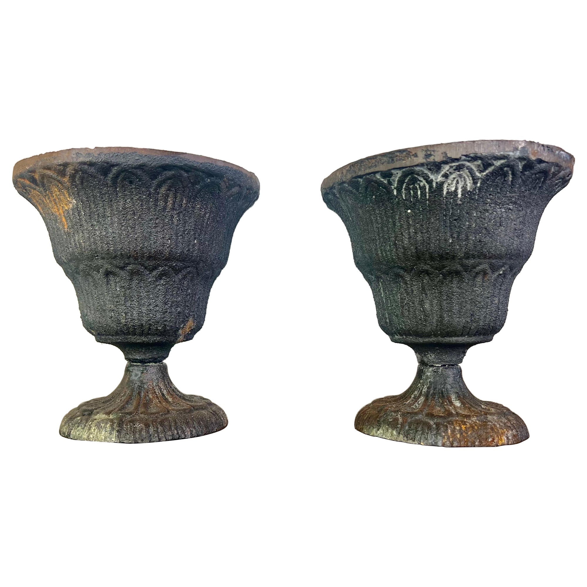 Pair of Petite French Cast Iron Urns For Sale
